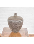 Artisan Handmade Brown Glazed Ceramic Vase with Textured Cream Stokes