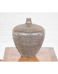 Artisan Handmade Brown Glazed Ceramic Vase with Textured Cream Stokes