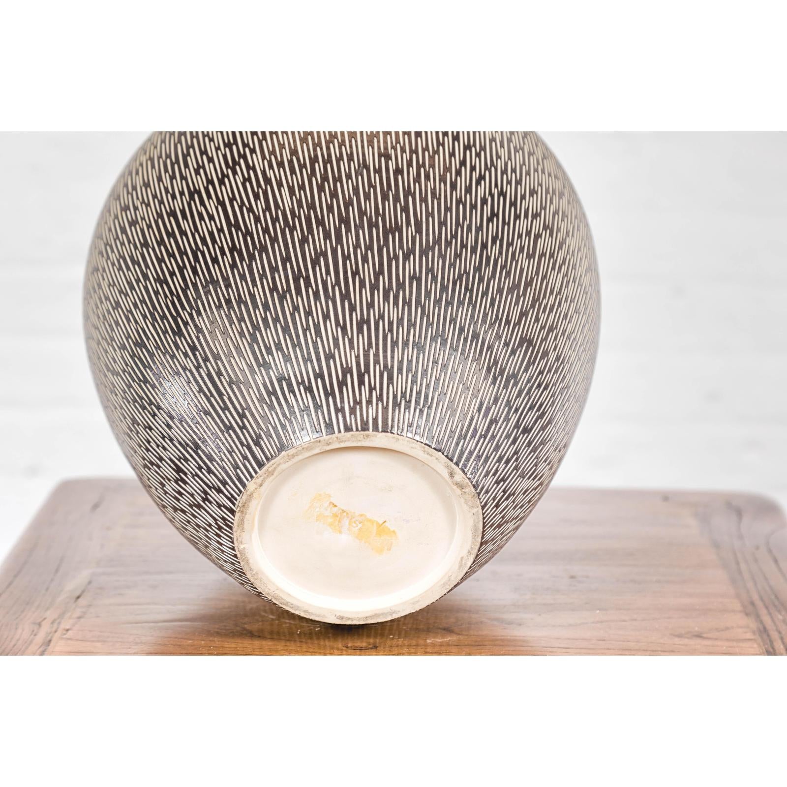 Artisan Handmade Brown Glazed Ceramic Vase with Textured Cream Stokes