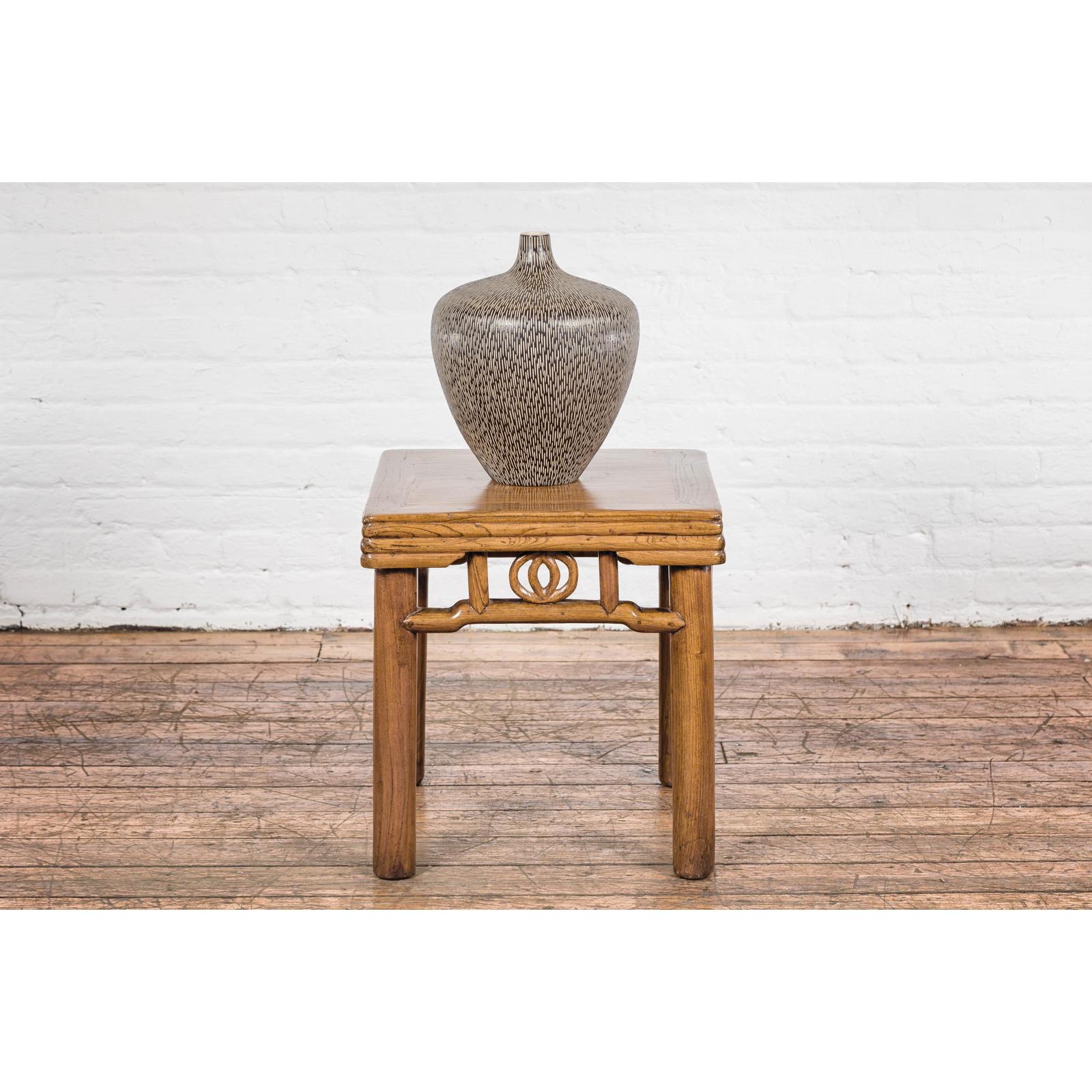 Artisan Handmade Brown Glazed Ceramic Vase with Textured Cream Stokes