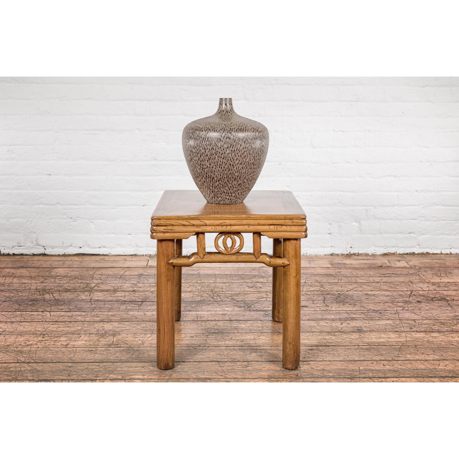 Artisan Handmade Brown Glazed Ceramic Vase with Textured Cream Stokes