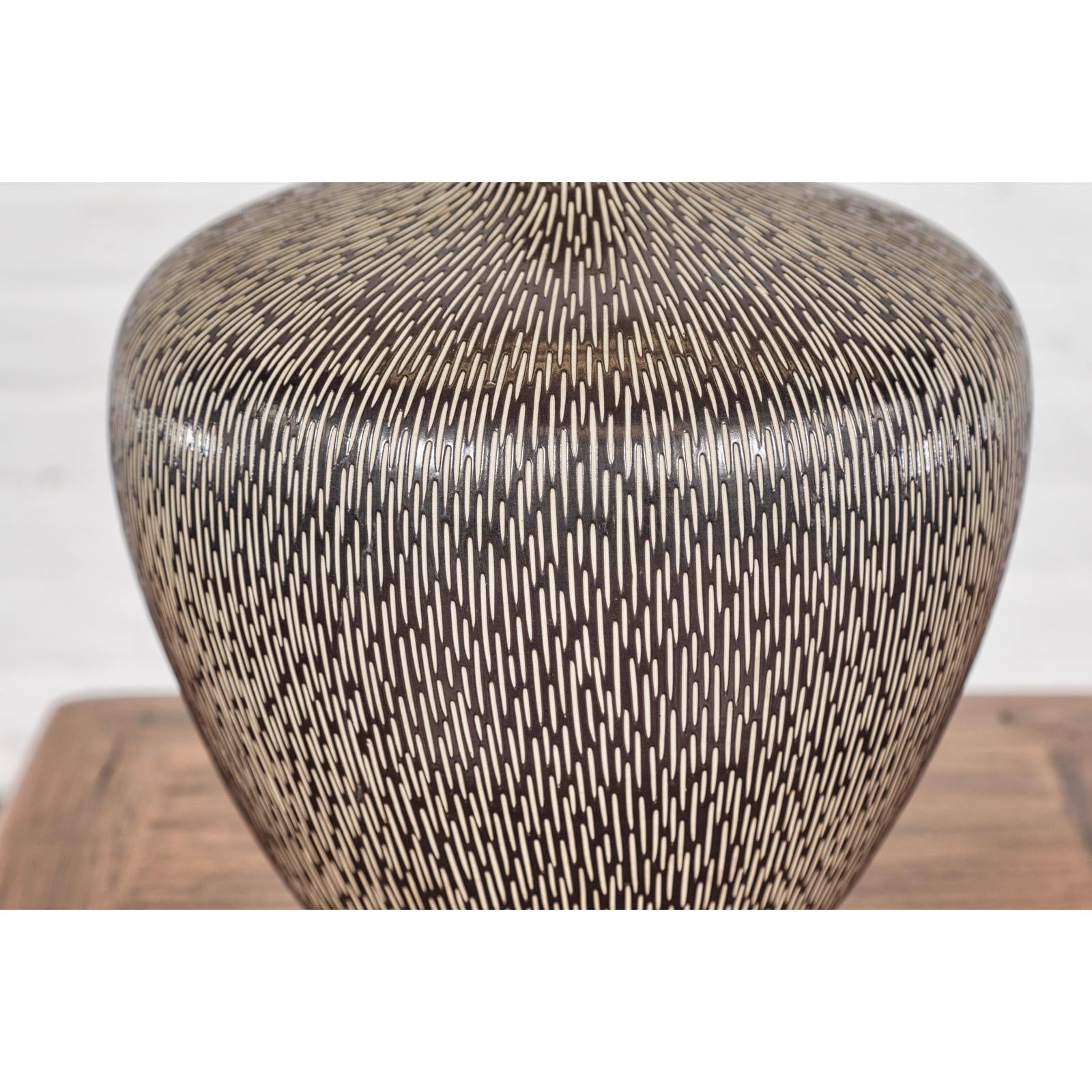 Artisan Handmade Brown Glazed Ceramic Vase with Textured Cream Stokes