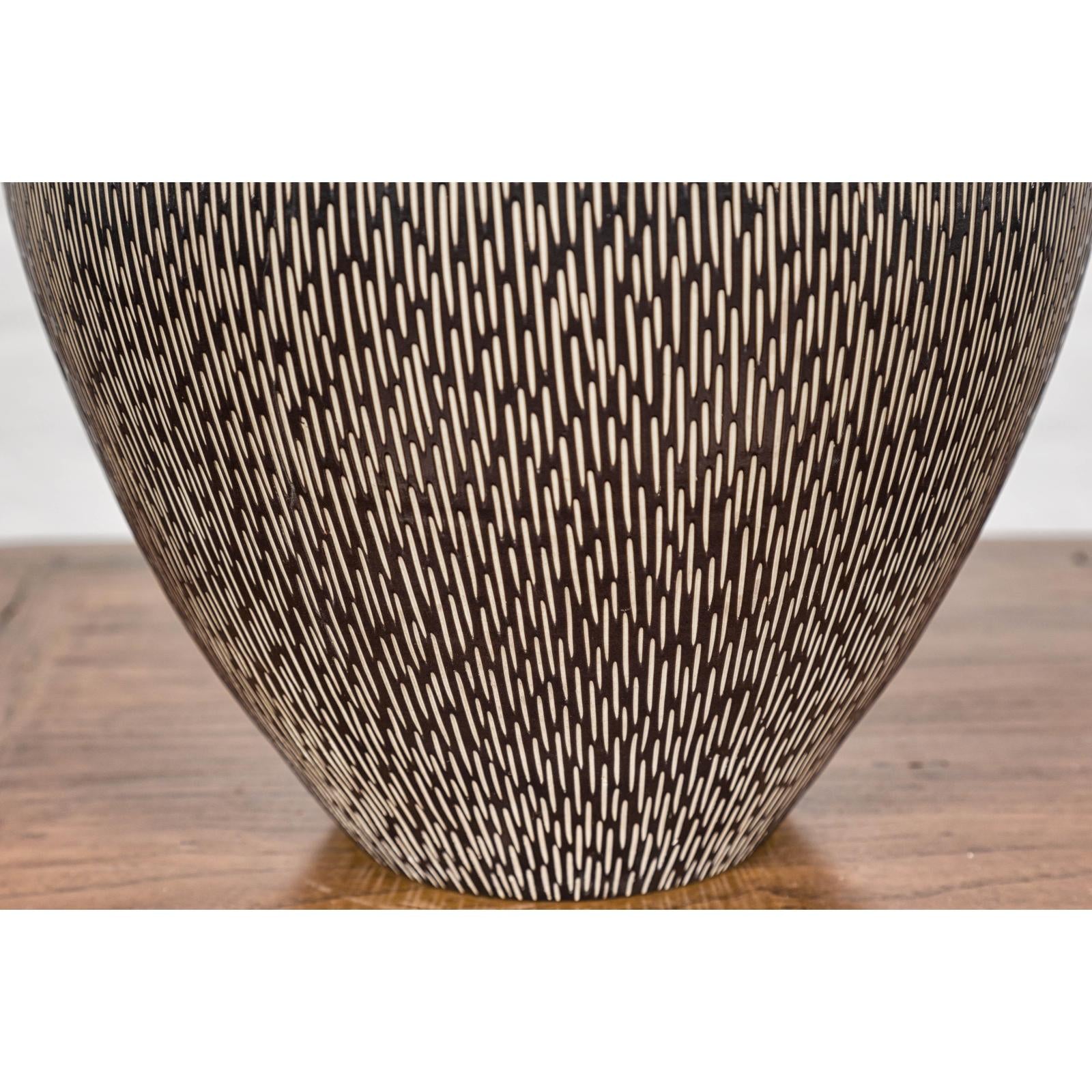 Artisan Handmade Brown Glazed Ceramic Vase with Textured Cream Stokes