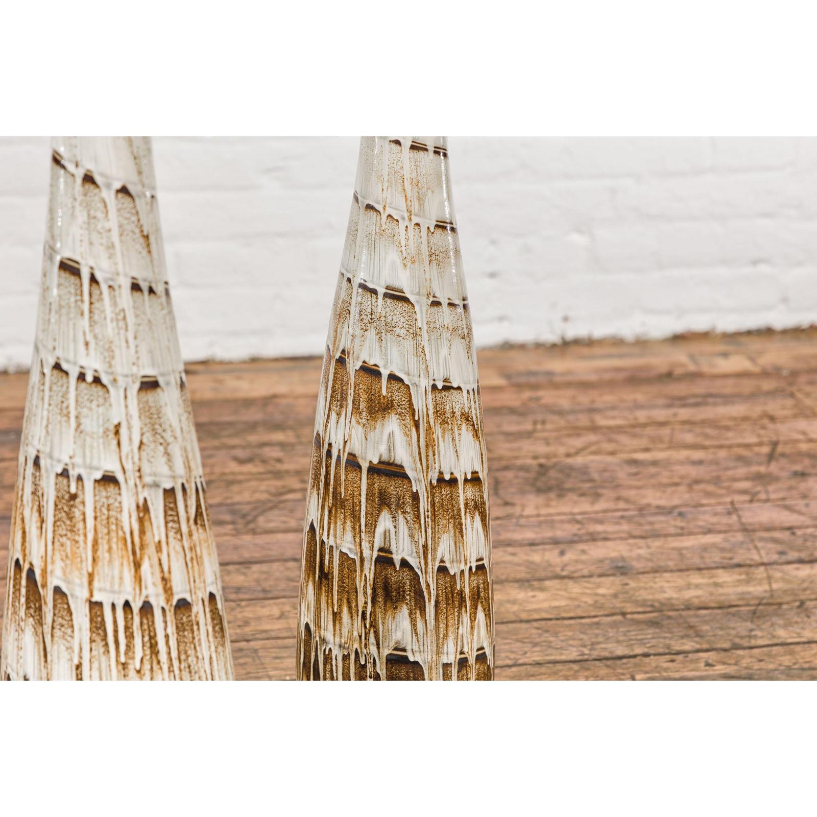Three Slender Vases with Brown & White Drip, Sold Each