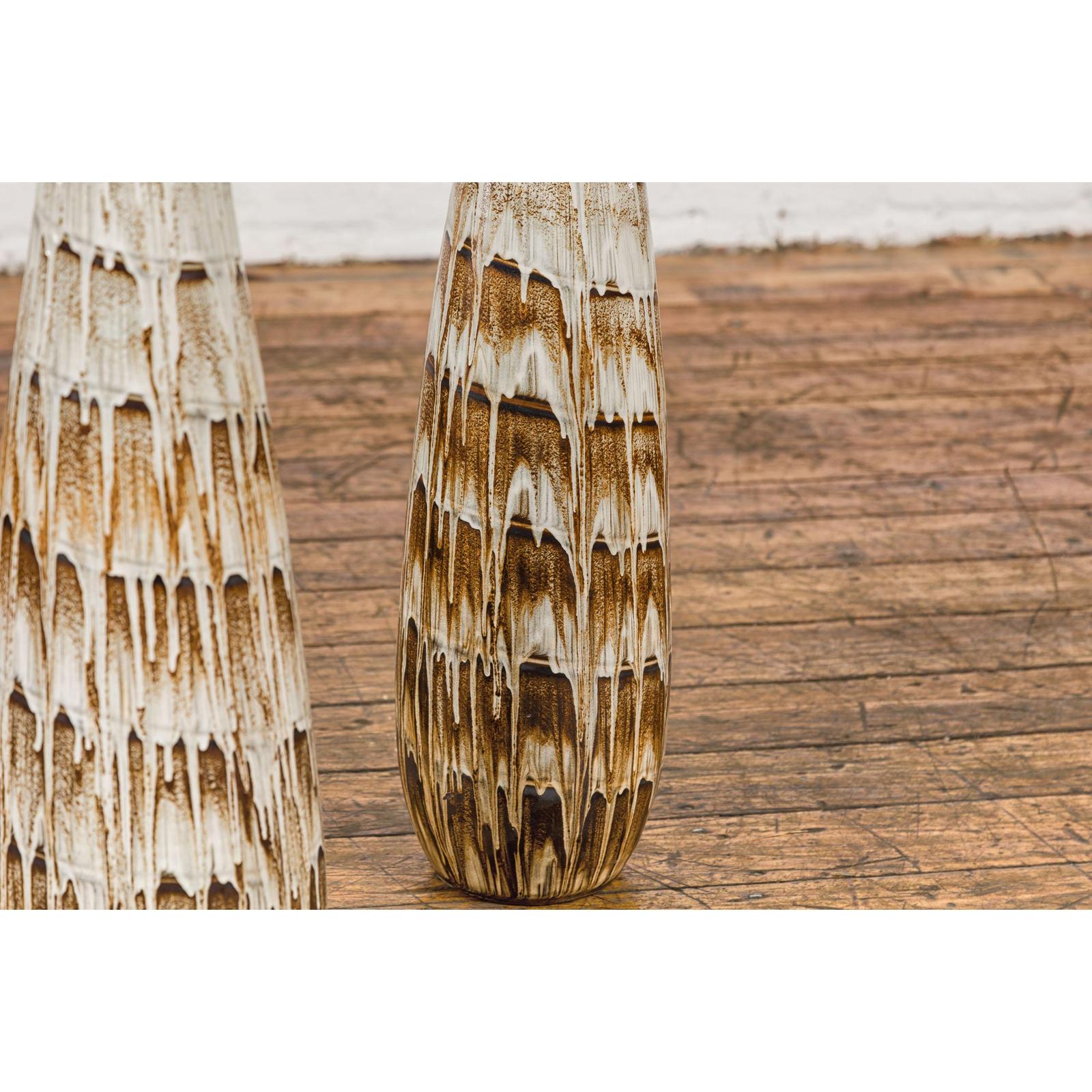 Three Slender Vases with Brown & White Drip, Sold Each
