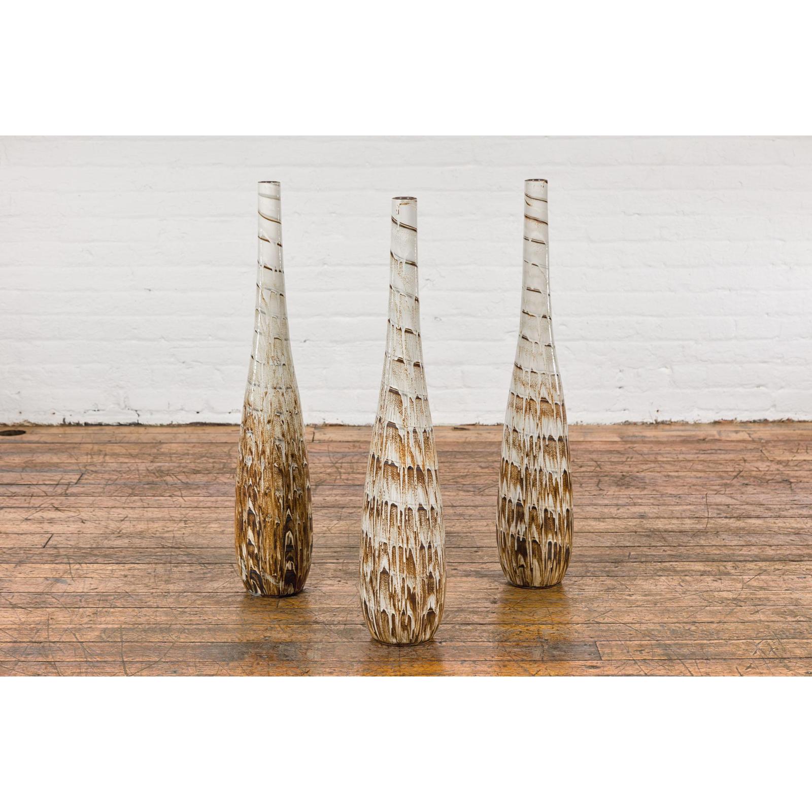 Three Slender Vases with Brown & White Drip, Sold Each