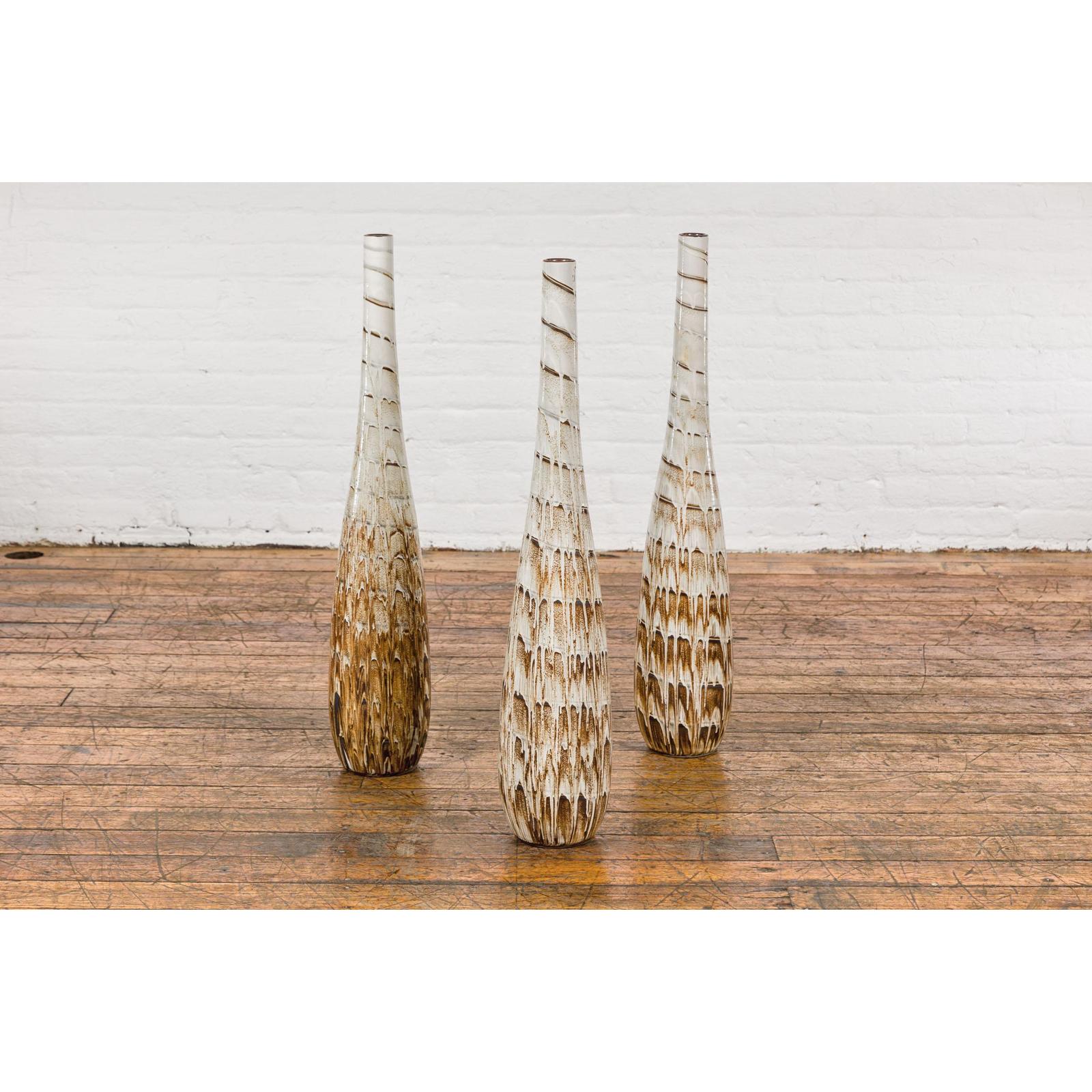 Three Slender Vases with Brown & White Drip, Sold Each