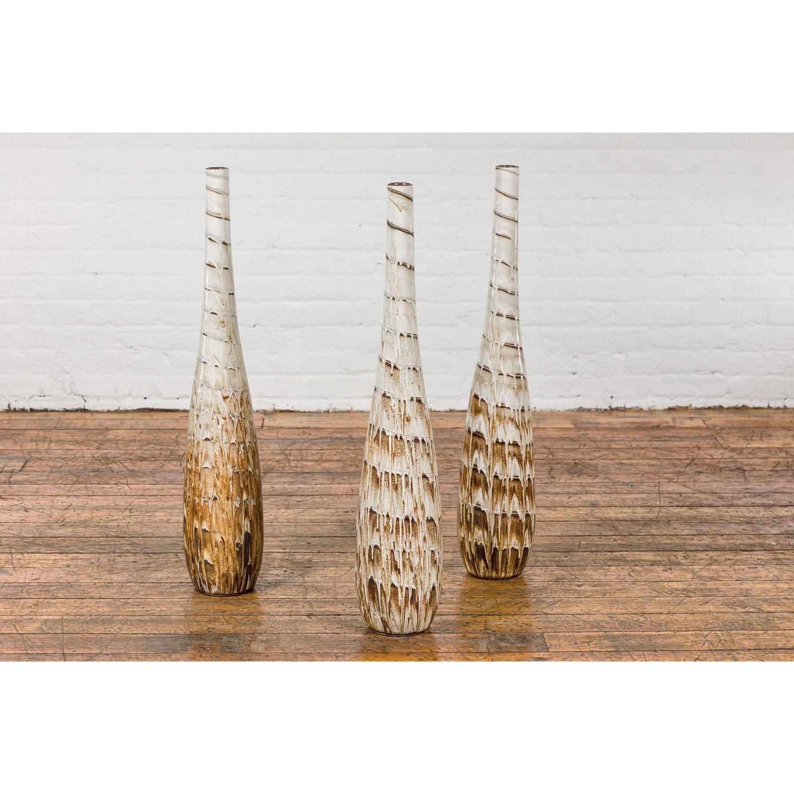 Three Slender Vases with Brown & White Drip, Sold Each