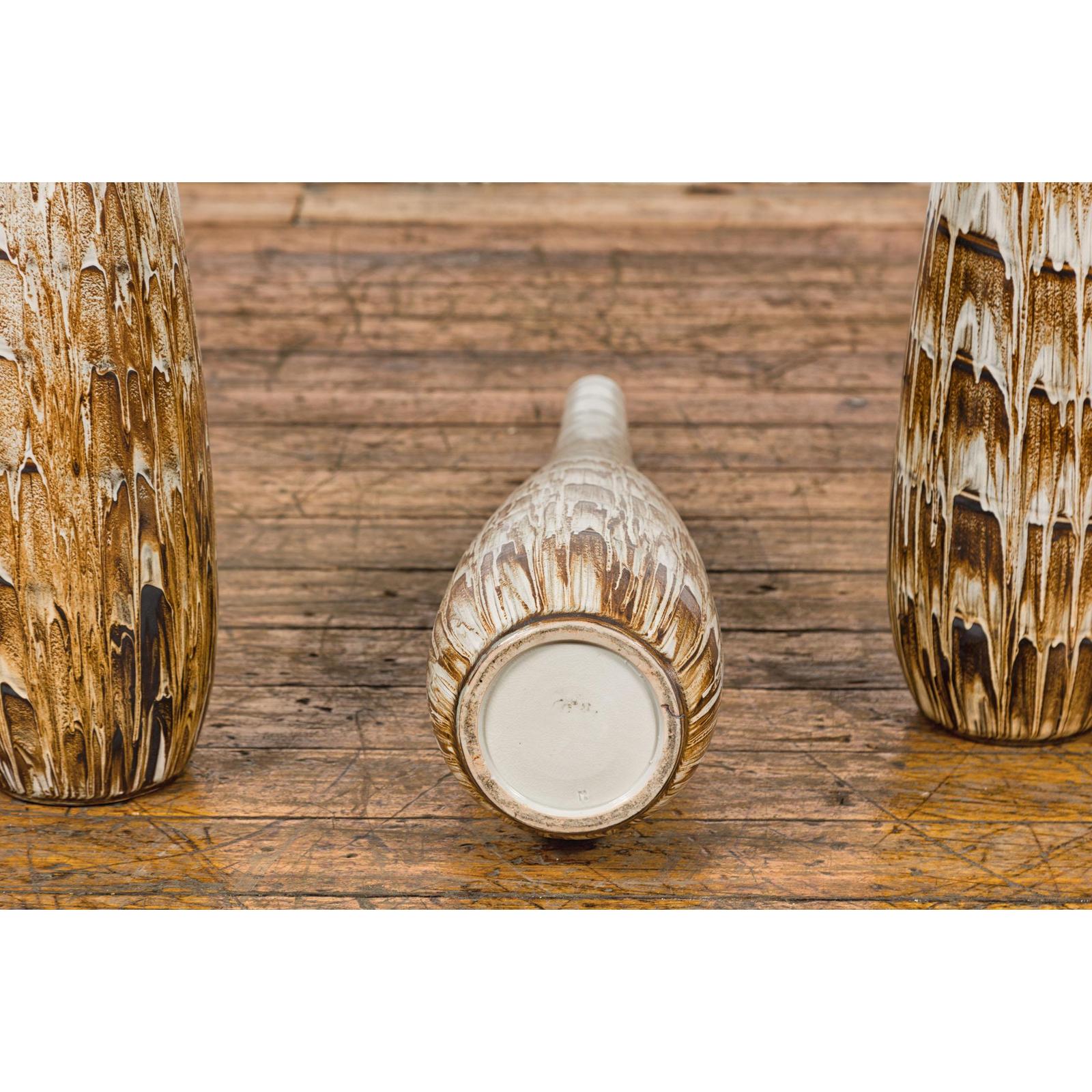 Three Slender Vases with Brown & White Drip, Sold Each