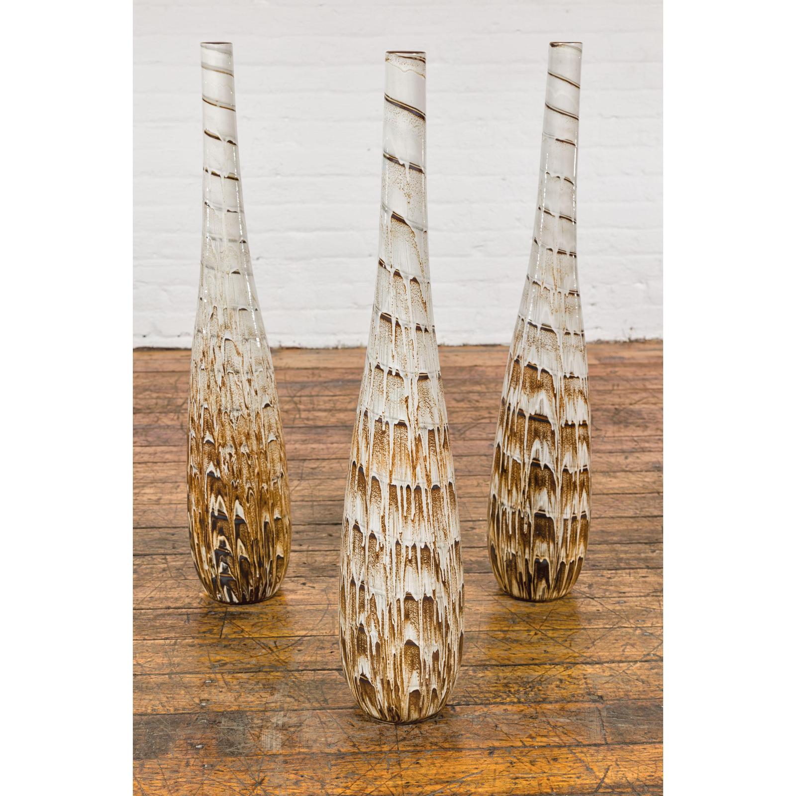 Three Slender Vases with Brown & White Drip, Sold Each