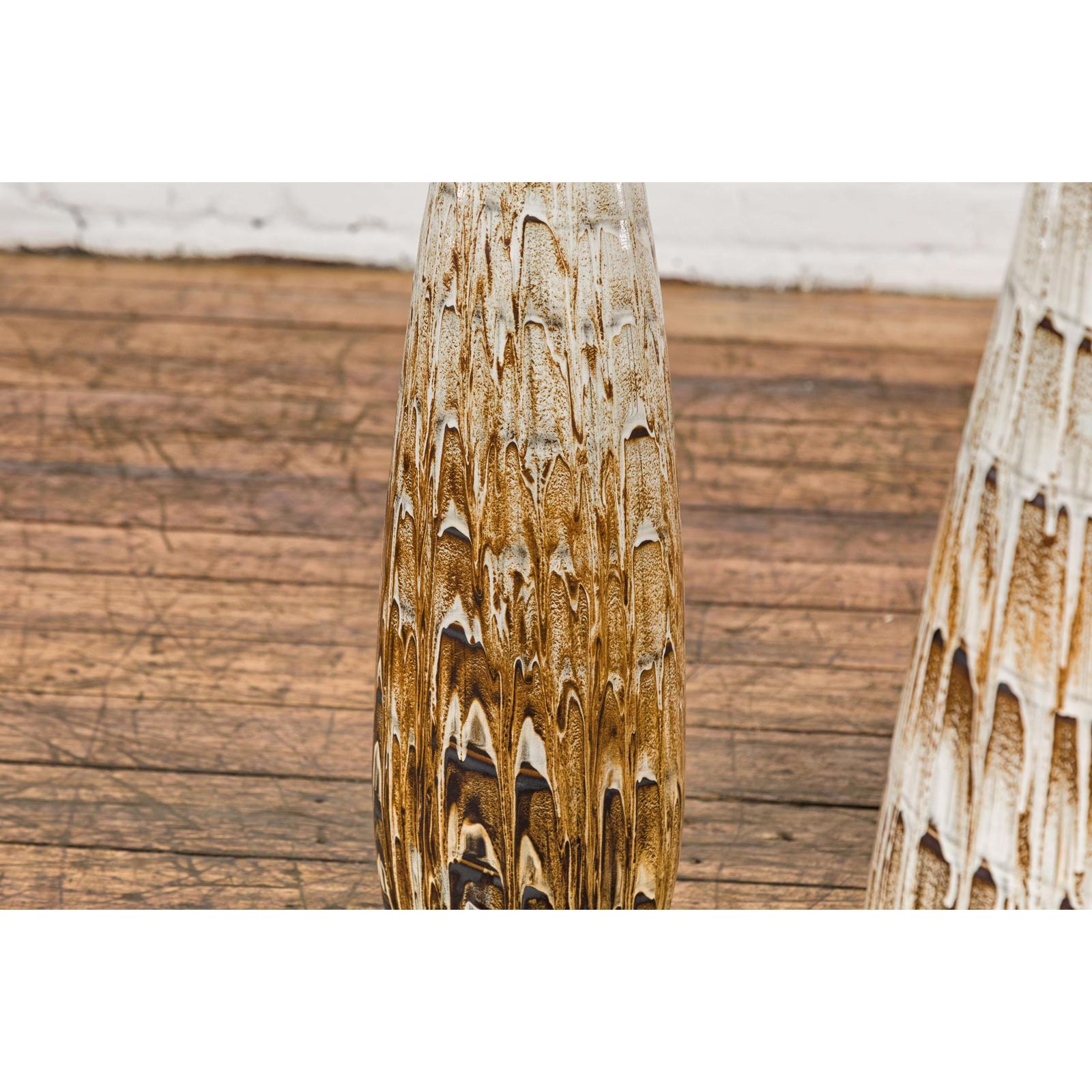 Three Slender Vases with Brown & White Drip, Sold Each