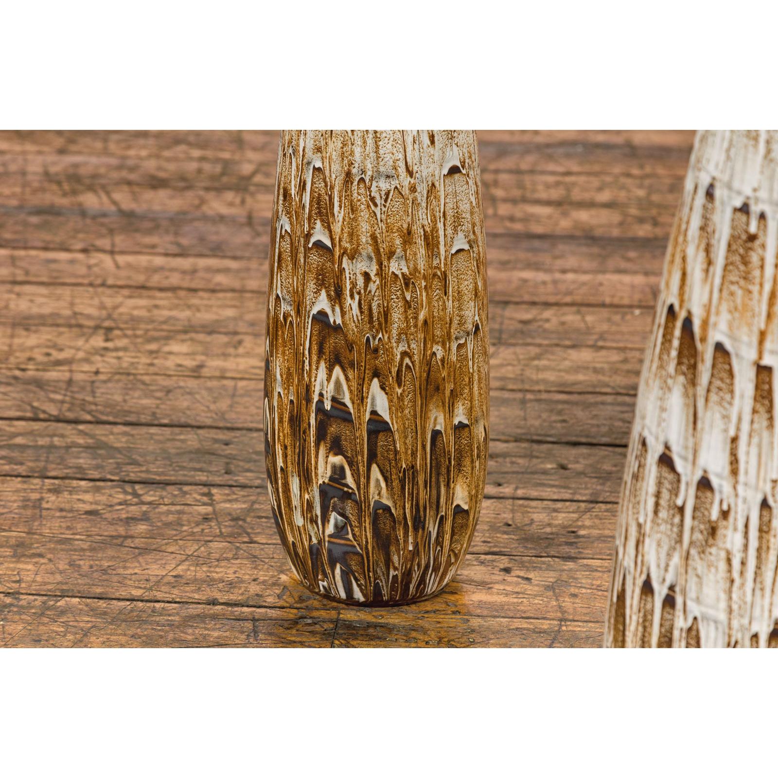 Three Slender Vases with Brown & White Drip, Sold Each