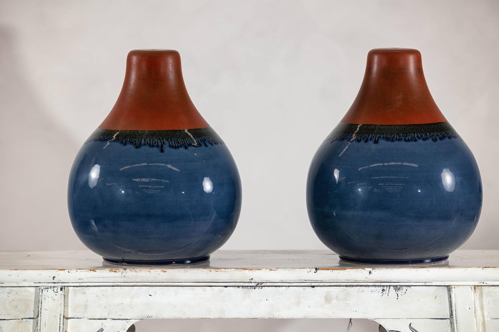 Pair of Artisan Ceramic Vases in Midnight Blue, Pre-Drilled for Lamp Conversion