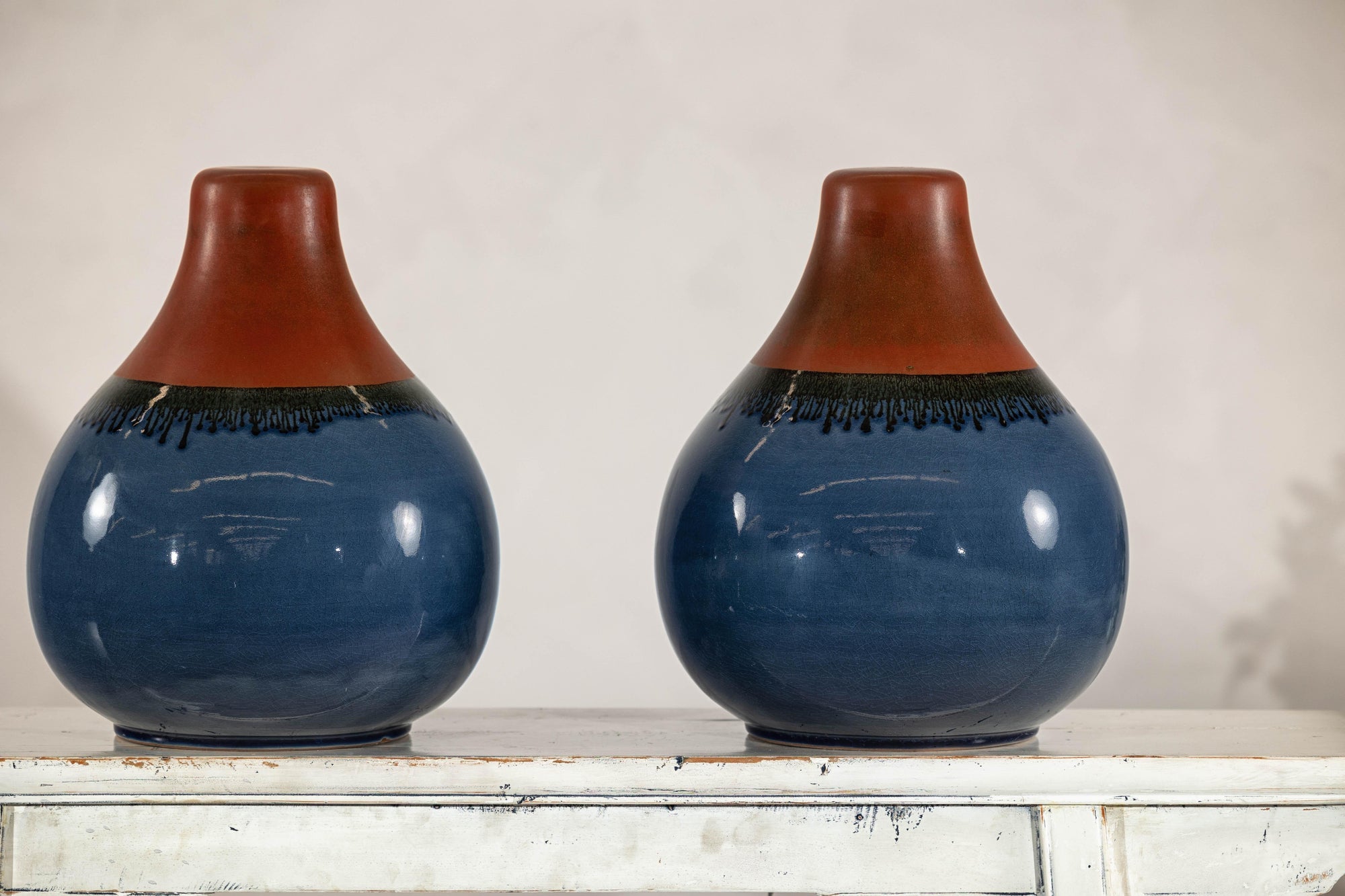 Pair of Artisan Ceramic Vases in Midnight Blue, Pre-Drilled for Lamp Conversion