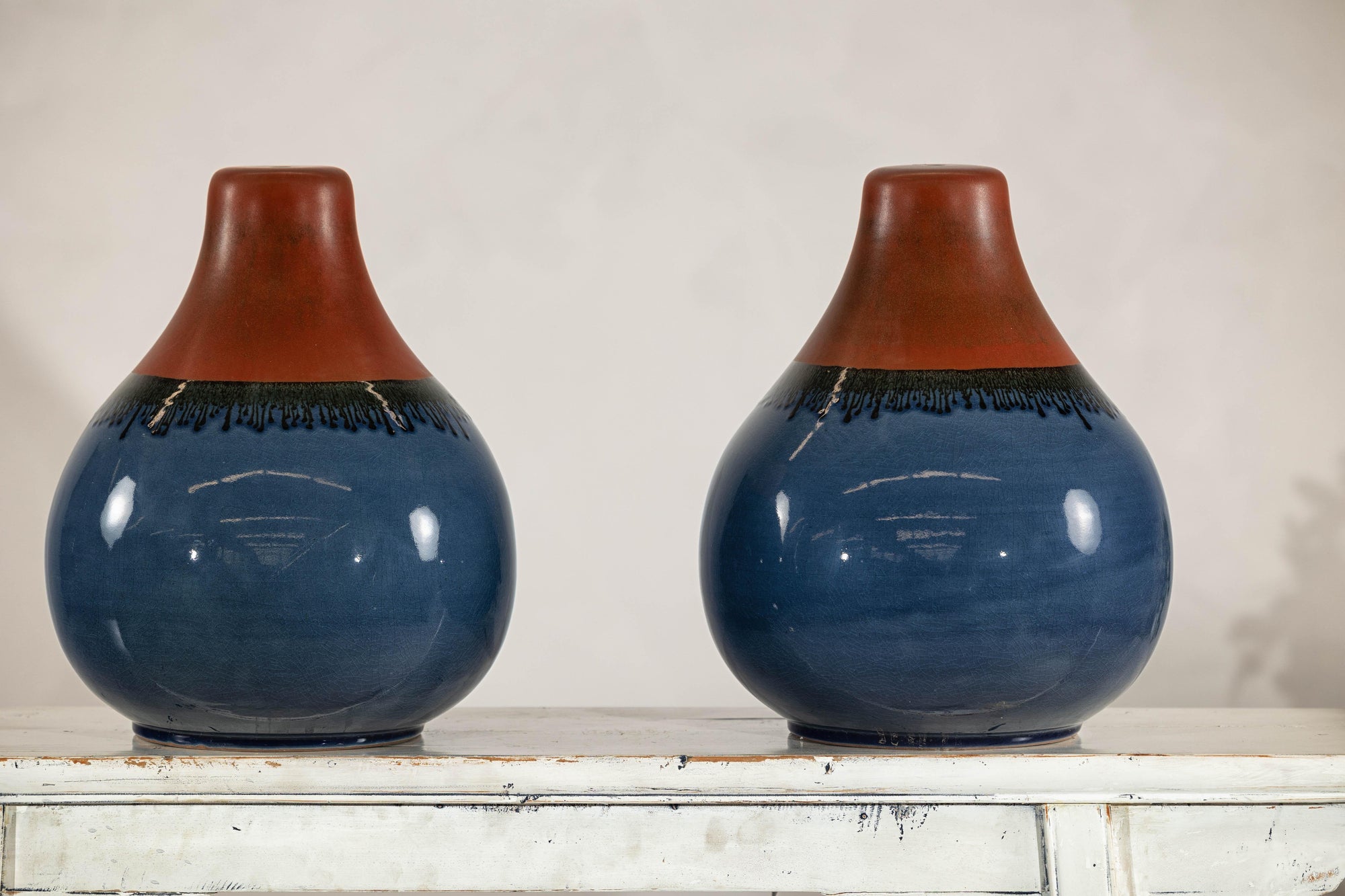 Pair of Artisan Ceramic Vases in Midnight Blue, Pre-Drilled for Lamp Conversion