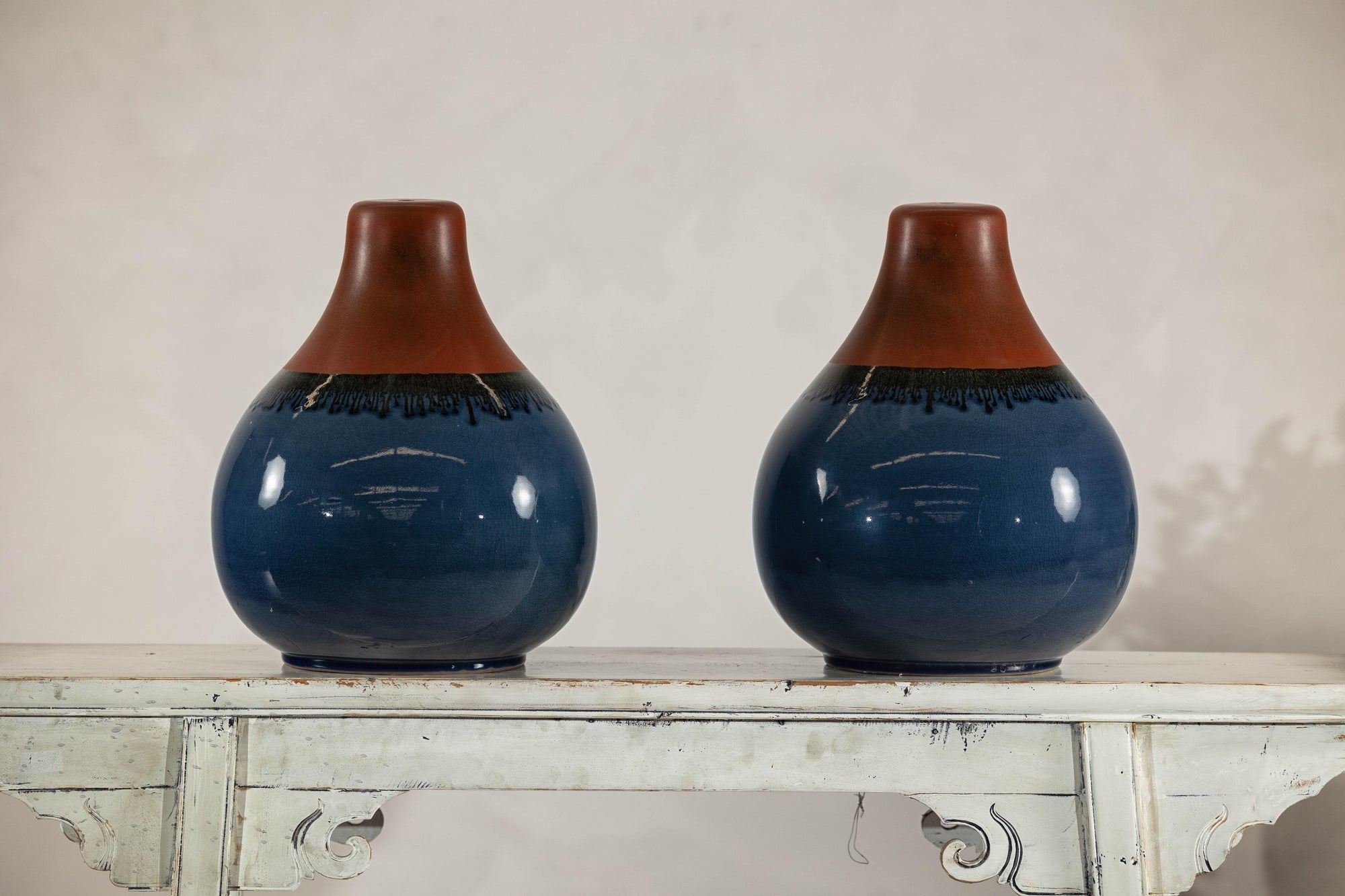 Pair of Artisan Ceramic Vases in Midnight Blue, Pre-Drilled for Lamp Conversion