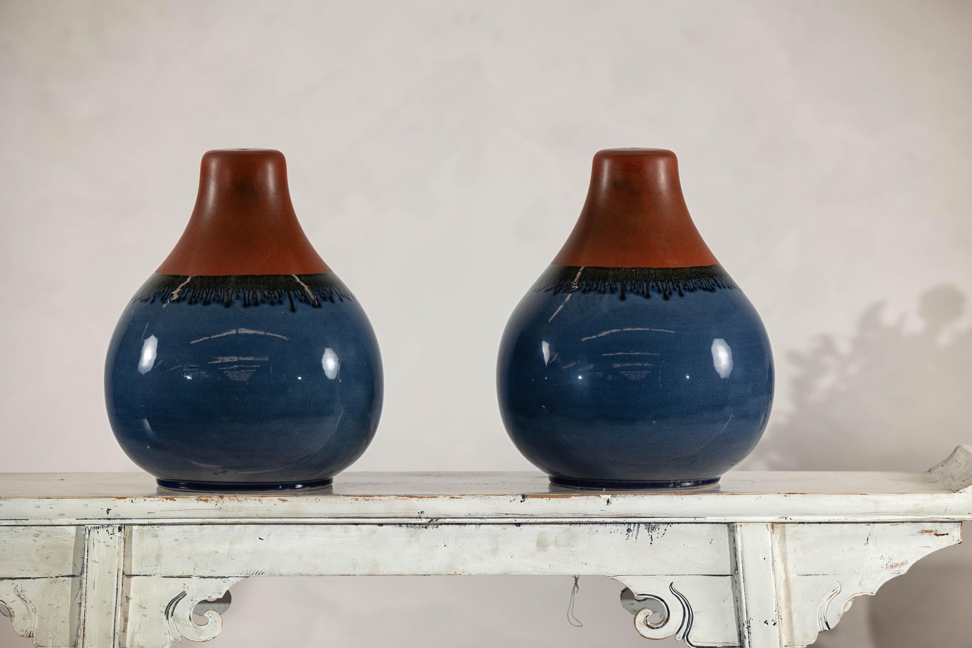 Pair of Artisan Ceramic Vases in Midnight Blue, Pre-Drilled for Lamp Conversion
