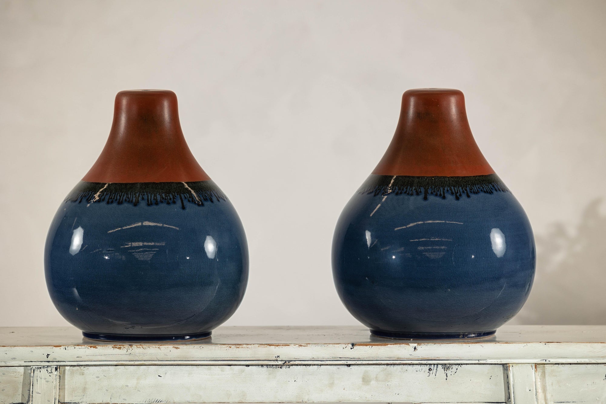 Pair of Artisan Ceramic Vases in Midnight Blue, Pre-Drilled for Lamp Conversion