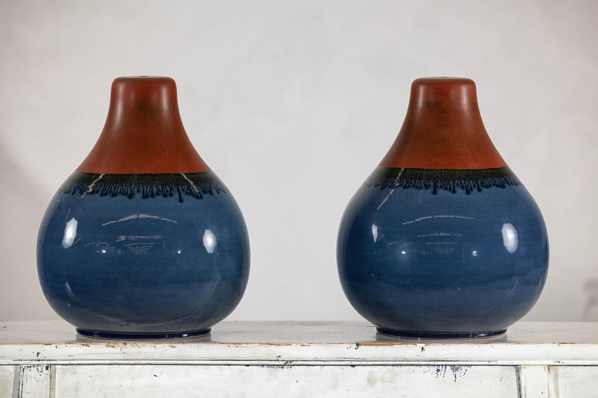 Pair of Artisan Ceramic Vases in Midnight Blue, Pre-Drilled for Lamp Conversion