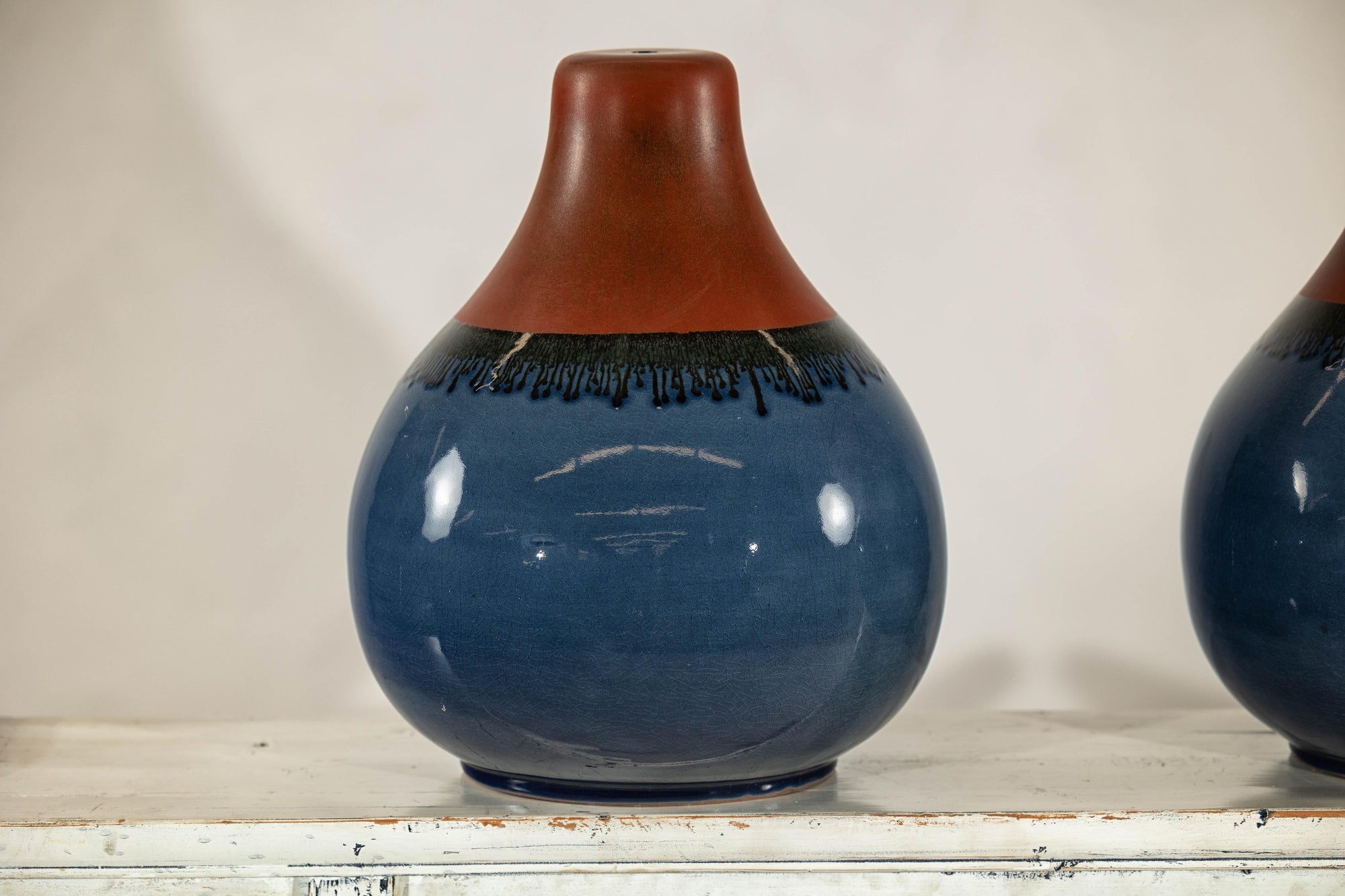 Pair of Artisan Ceramic Vases in Midnight Blue, Pre-Drilled for Lamp Conversion