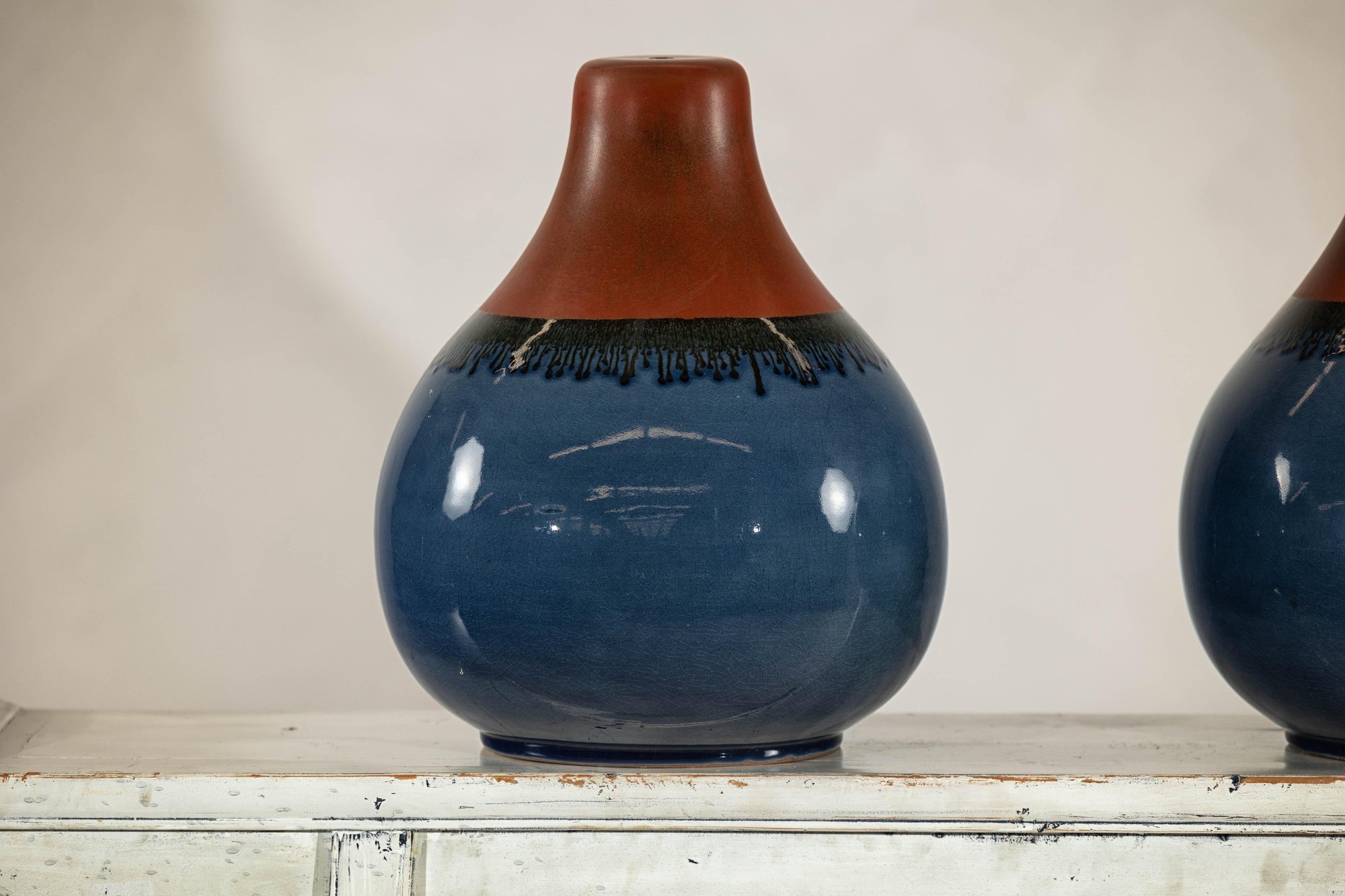 Pair of Artisan Ceramic Vases in Midnight Blue, Pre-Drilled for Lamp Conversion