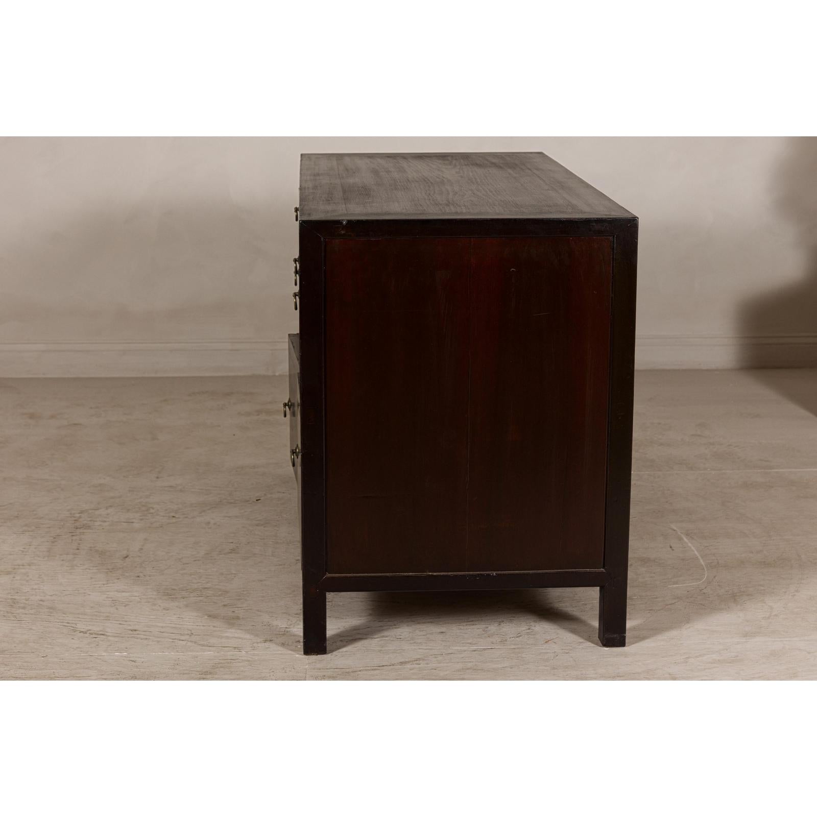 Vintage Reddish Brown Lacquered Elm Sideboard with Four Drawers and Panel Doors