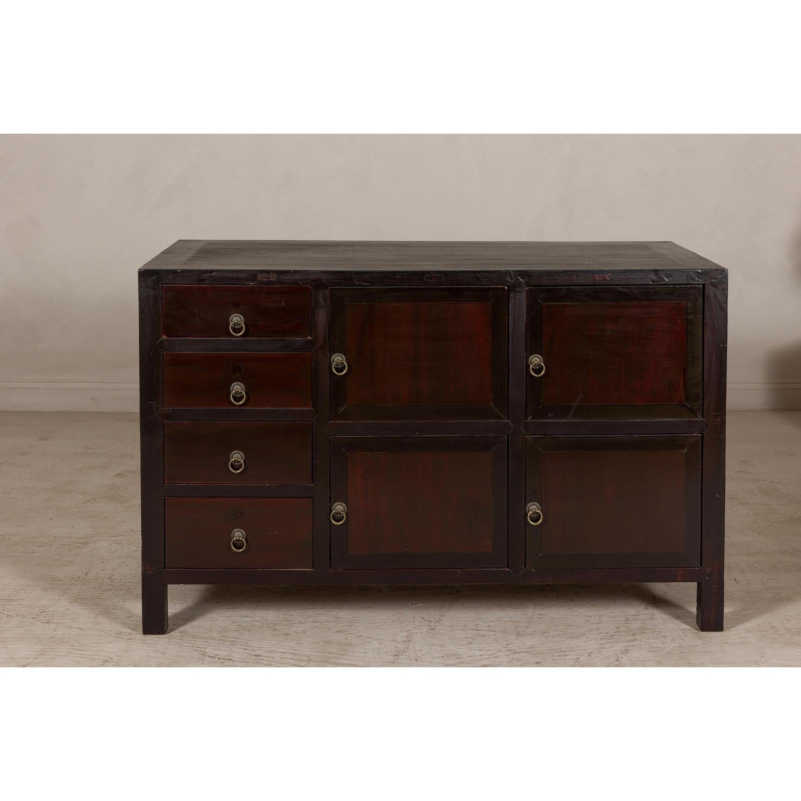 Vintage Reddish Brown Lacquered Elm Sideboard with Four Drawers and Panel Doors