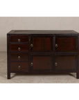 Vintage Reddish Brown Lacquered Elm Sideboard with Four Drawers and Panel Doors