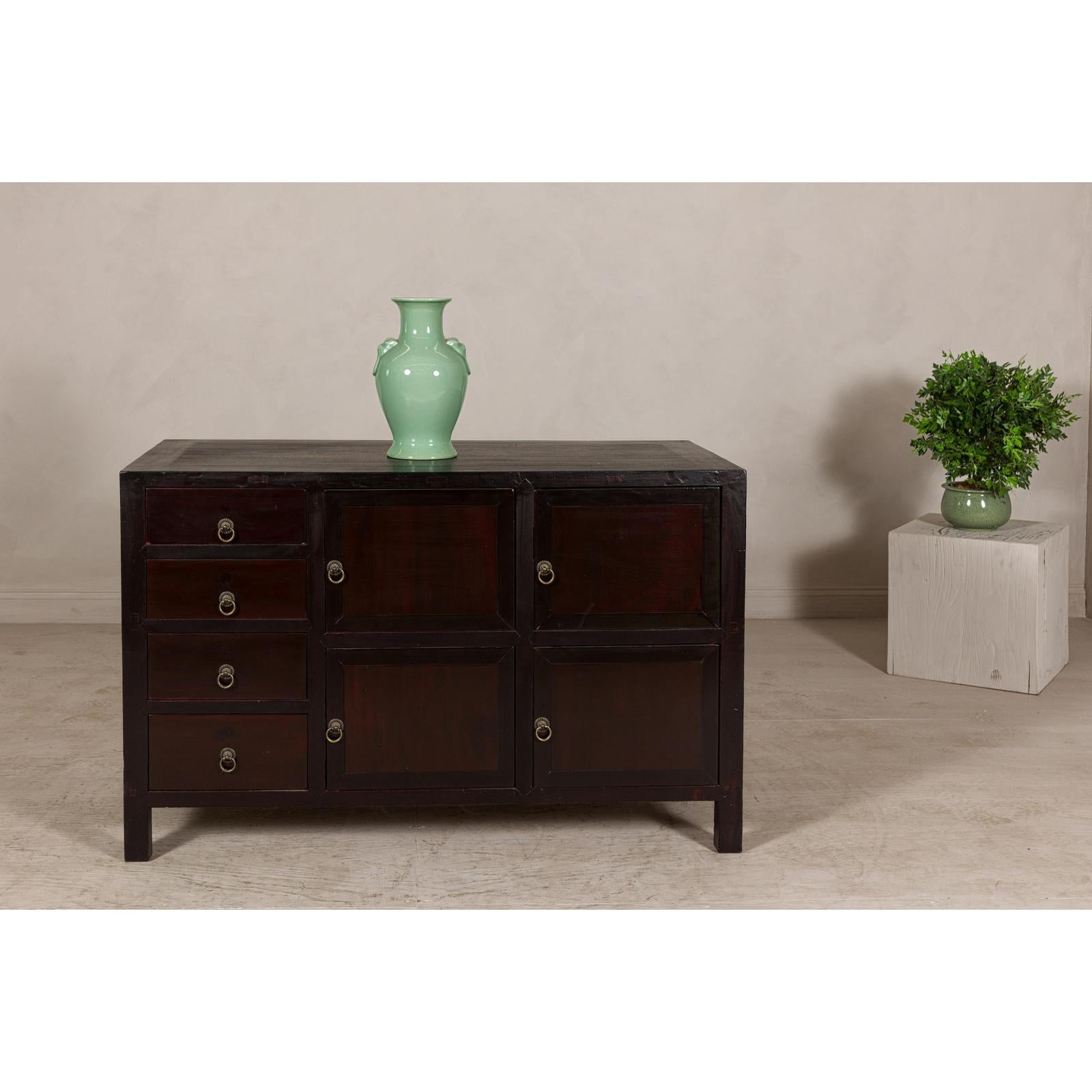 Vintage Reddish Brown Lacquered Elm Sideboard with Four Drawers and Panel Doors