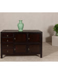 Vintage Reddish Brown Lacquered Elm Sideboard with Four Drawers and Panel Doors