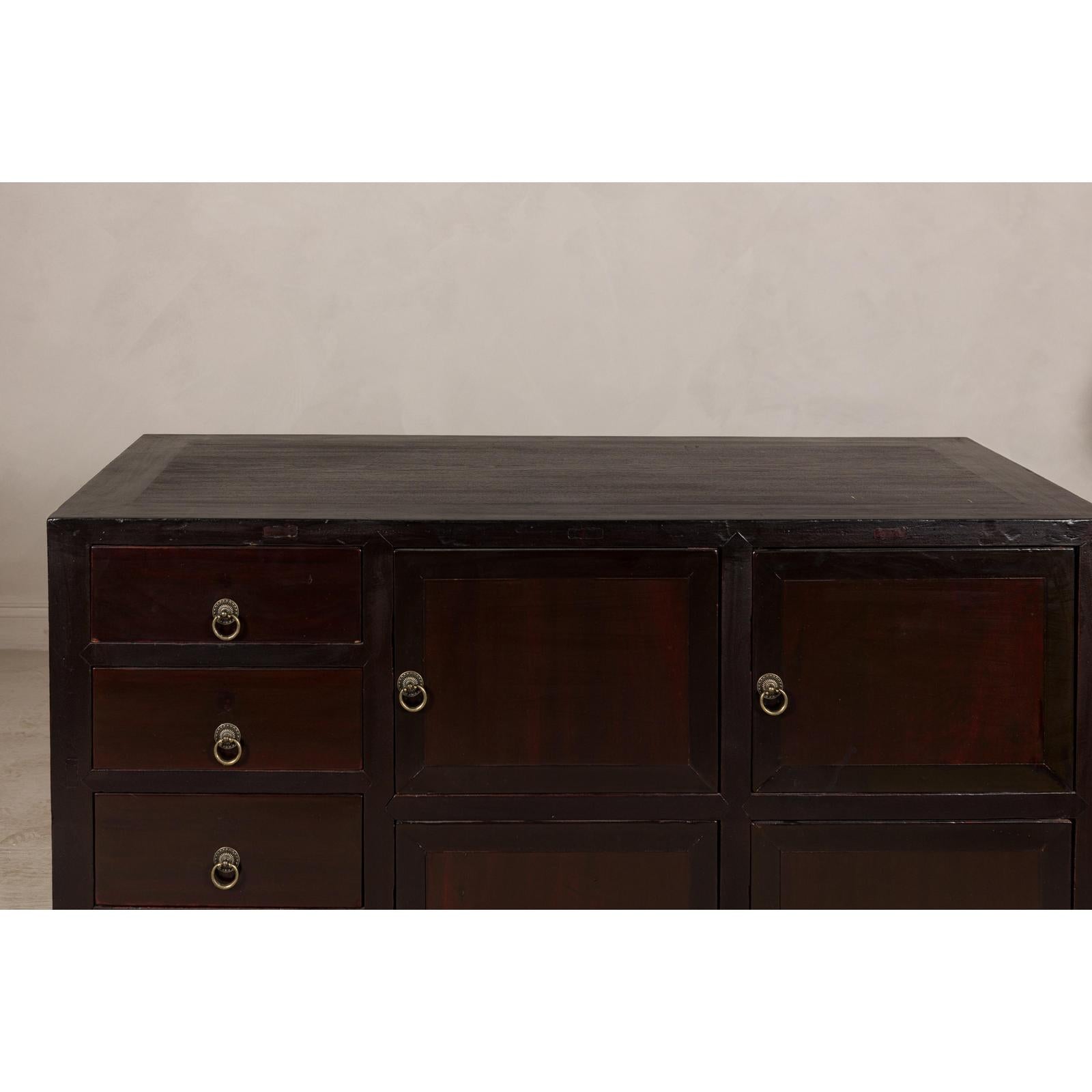Vintage Reddish Brown Lacquered Elm Sideboard with Four Drawers and Panel Doors