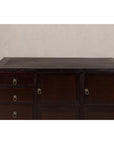 Vintage Reddish Brown Lacquered Elm Sideboard with Four Drawers and Panel Doors