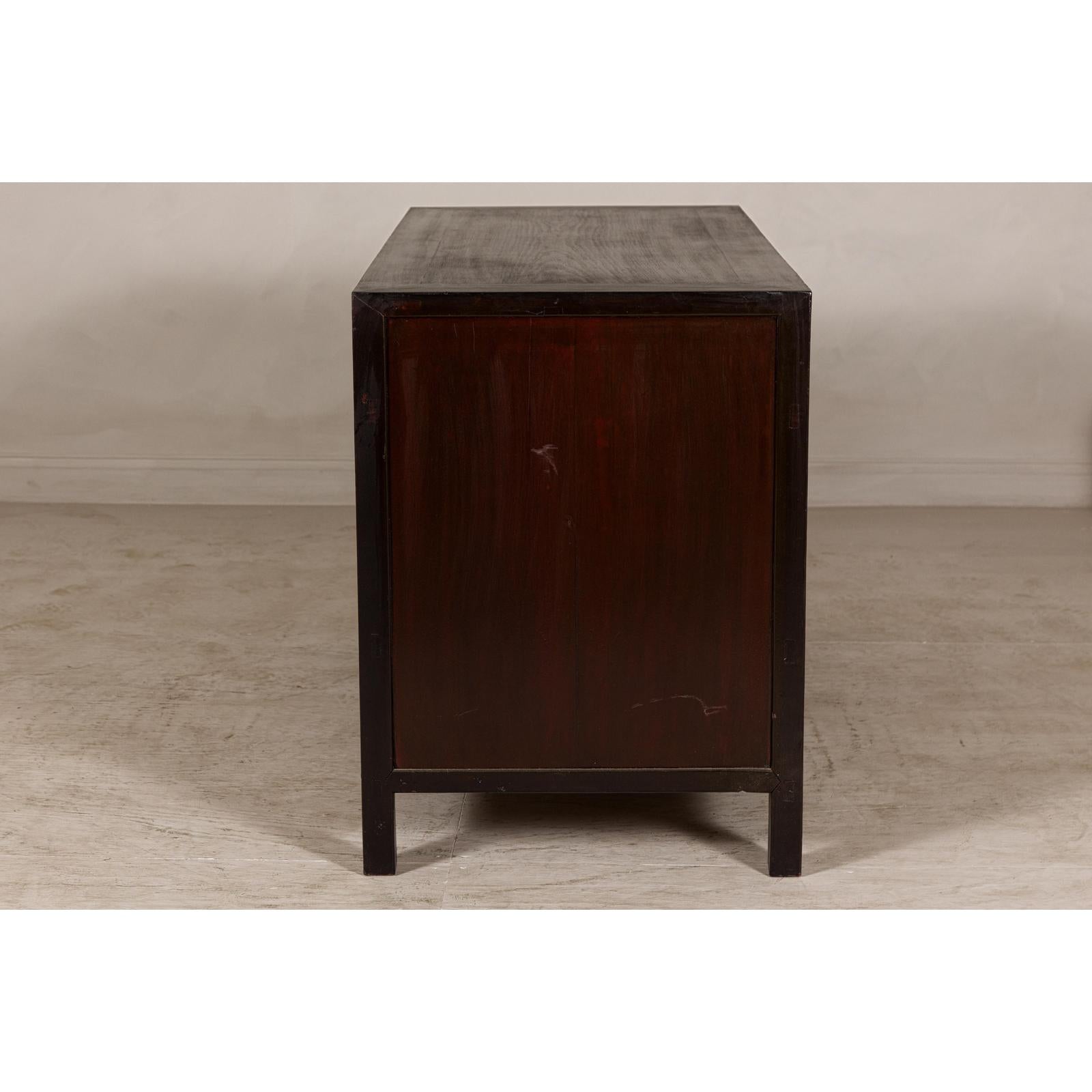 Vintage Reddish Brown Lacquered Elm Sideboard with Four Drawers and Panel Doors