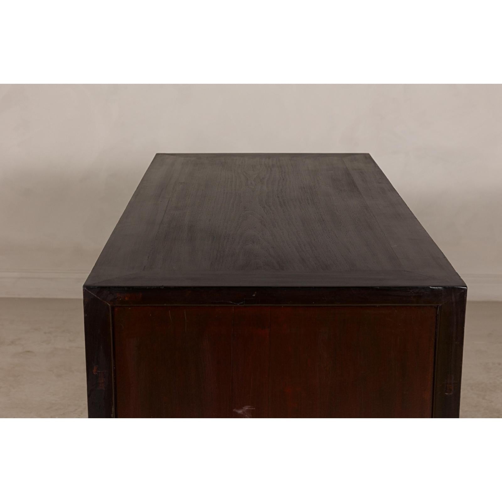 Vintage Reddish Brown Lacquered Elm Sideboard with Four Drawers and Panel Doors