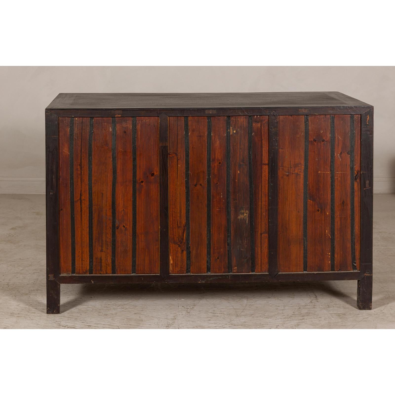Vintage Reddish Brown Lacquered Elm Sideboard with Four Drawers and Panel Doors