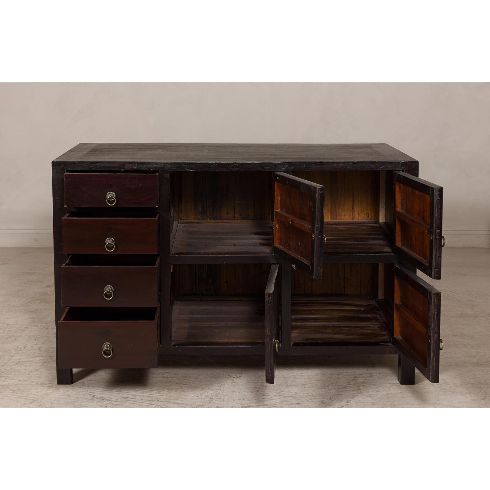 Vintage Reddish Brown Lacquered Elm Sideboard with Four Drawers and Panel Doors