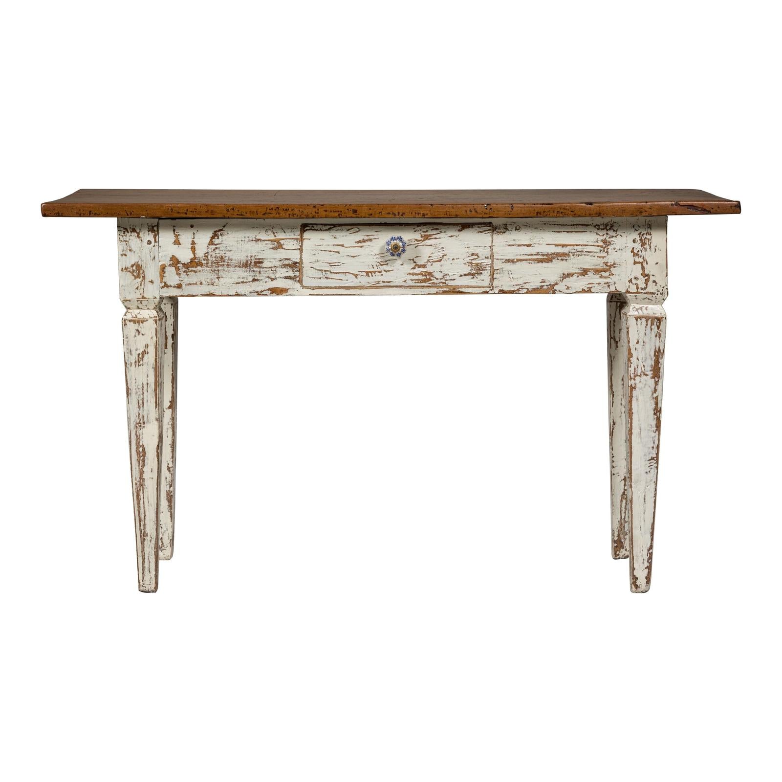 Farmhouse Chic White Distressed Sofa Table with Single Drawer and Tapered Legs