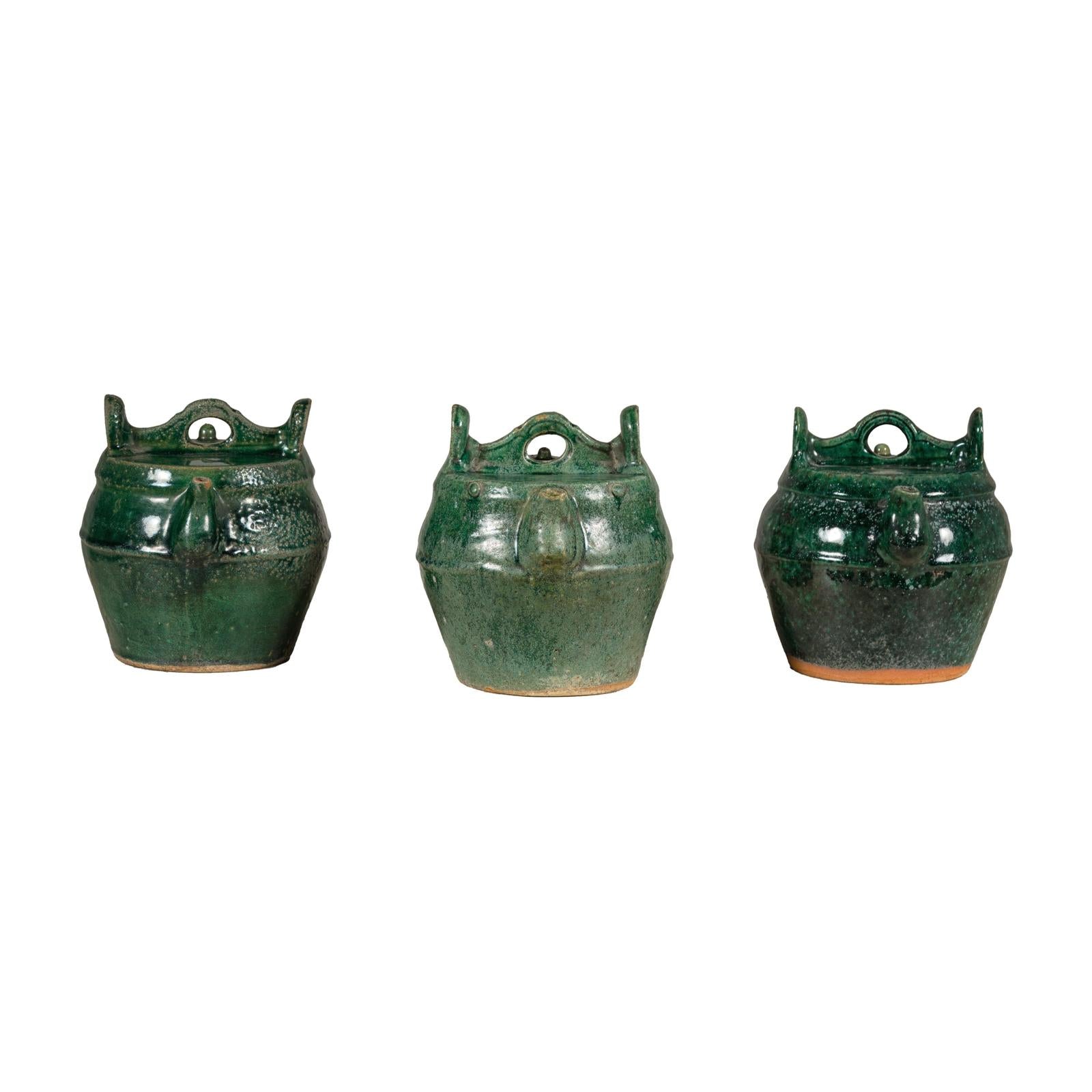 Qing Dynasty Green Glaze Late 19th Century Shiwan Ware Pottery Teapots Sold Each