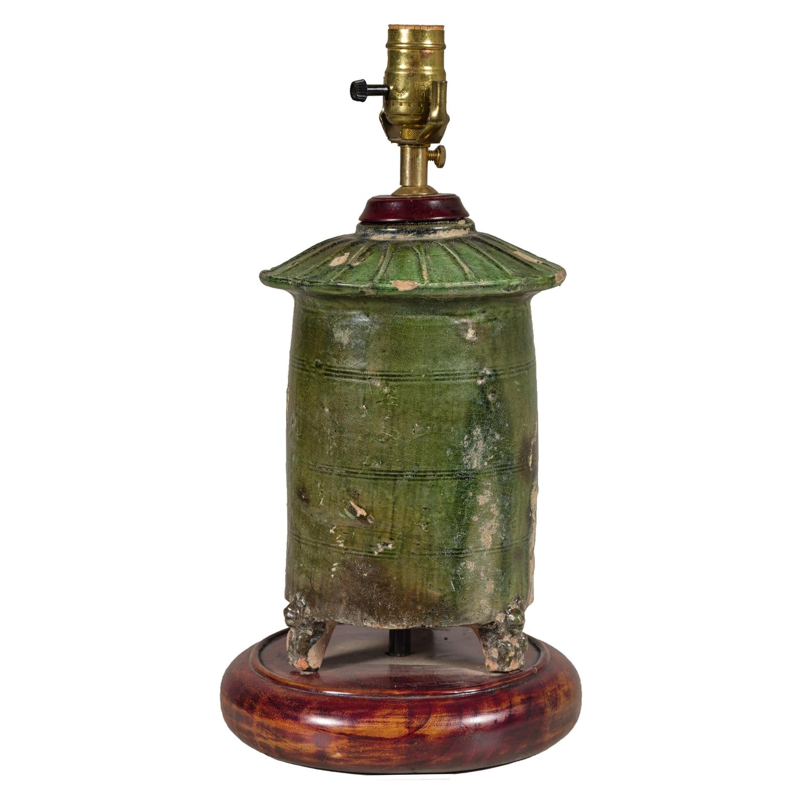 Green Glazed Terracotta Table Lamp on Circular Base
