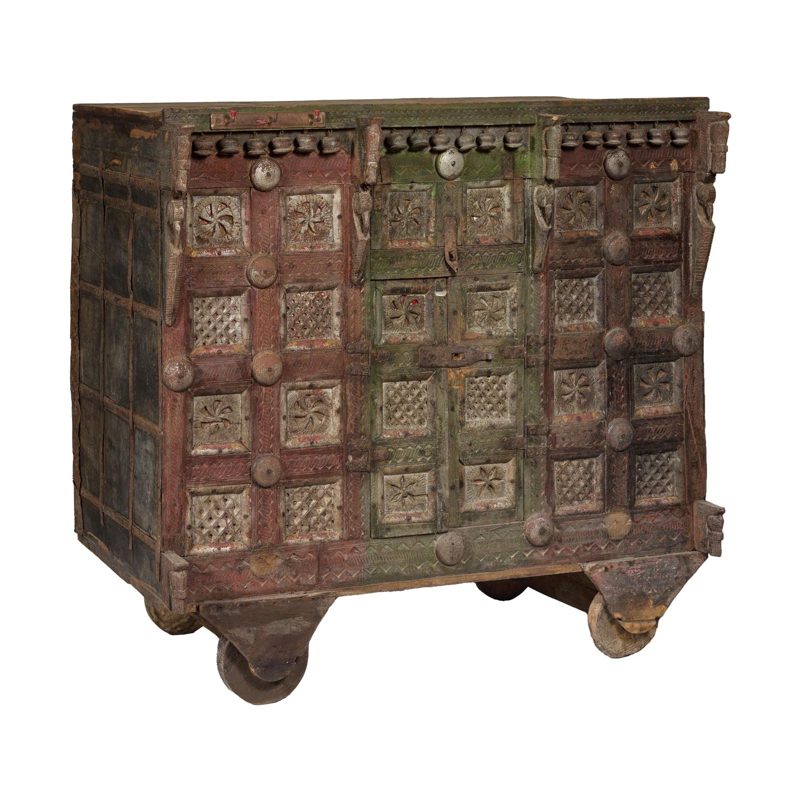 Indian Antique Carved Wooden Damachiya Dowry Cabinet on Wheels with Polychromy