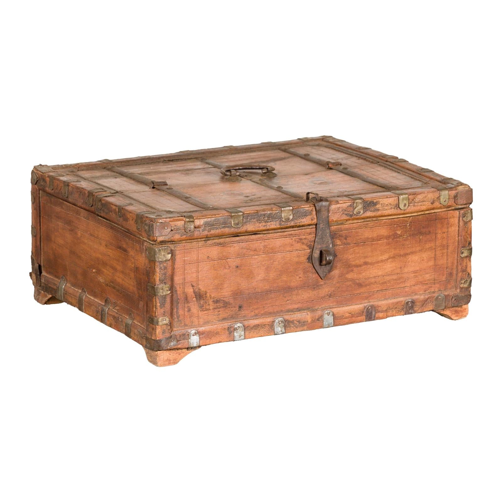 Rustic Document Box with Brass Details & Partial Opening