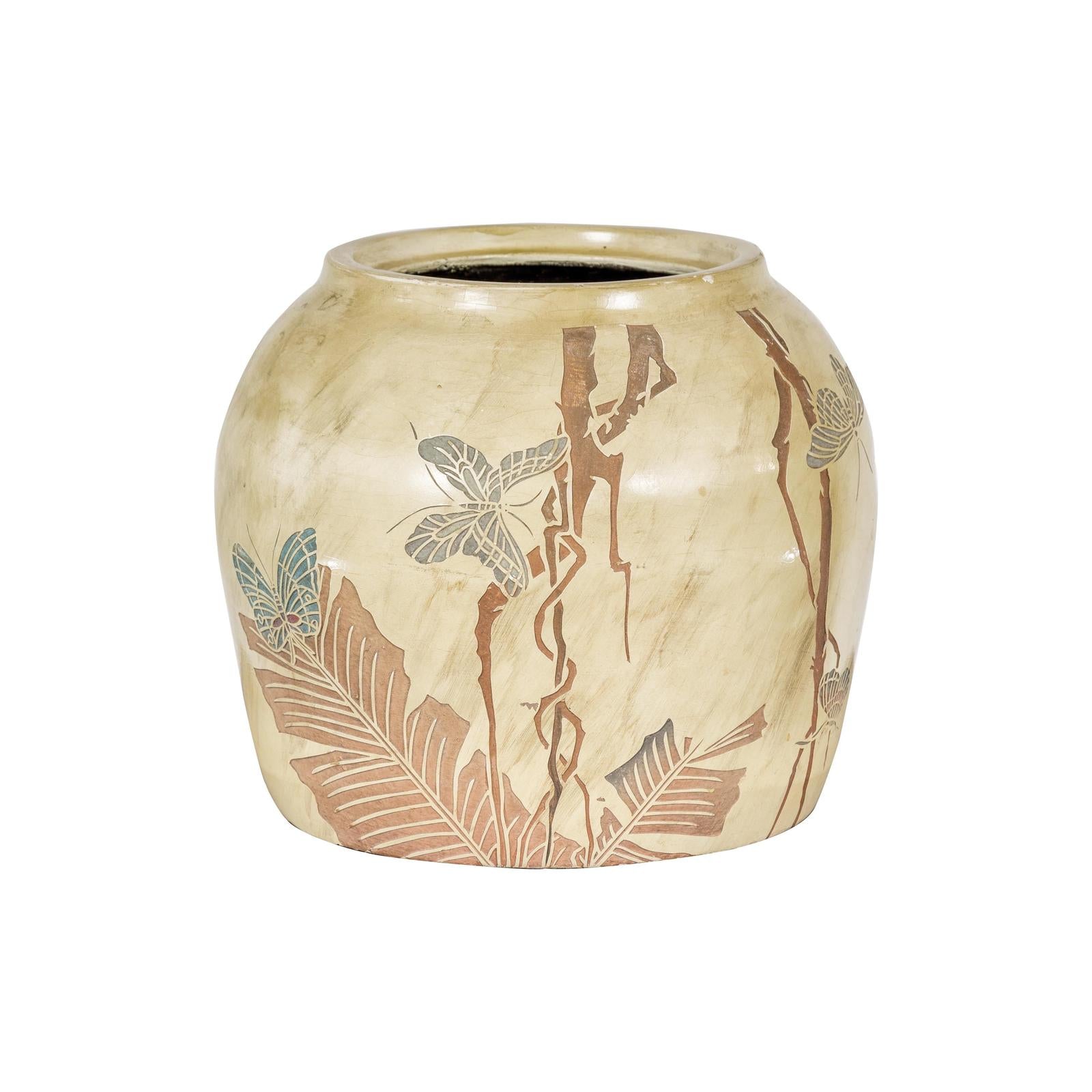 Antique Mustard Glazed Ceramic Planter with Butterfly Decor