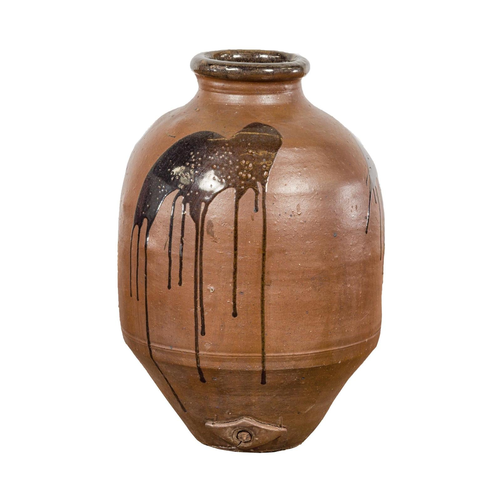 Taishō 1900s Tamba Tachikui Brown Jar with Drip Glaze