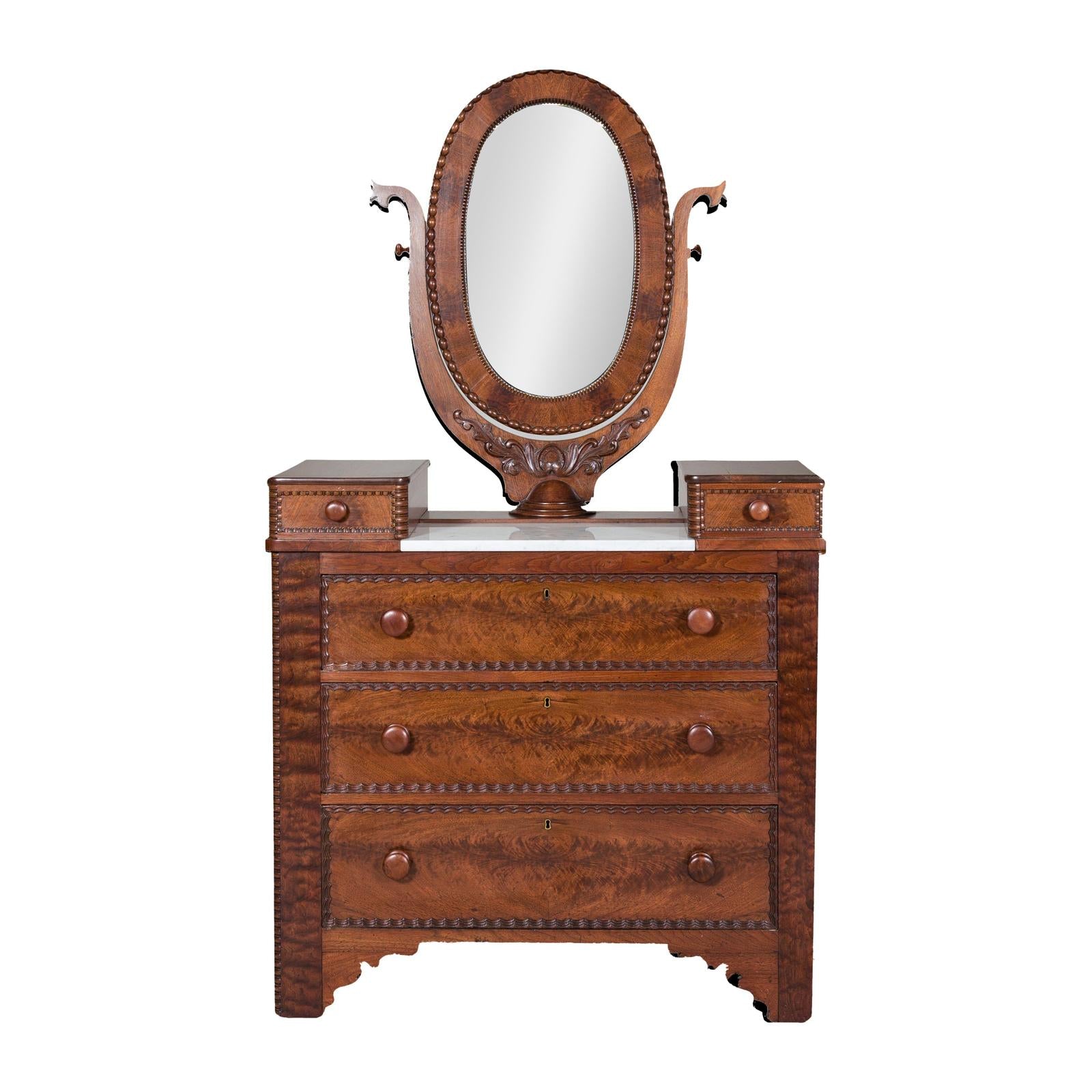 Late 19th Century Flaming Walnut Dresser with Tilting Mirror and Marble Inset