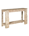 Mughal Style Whitewash Console Table with Carved Apron and Lower Shelf