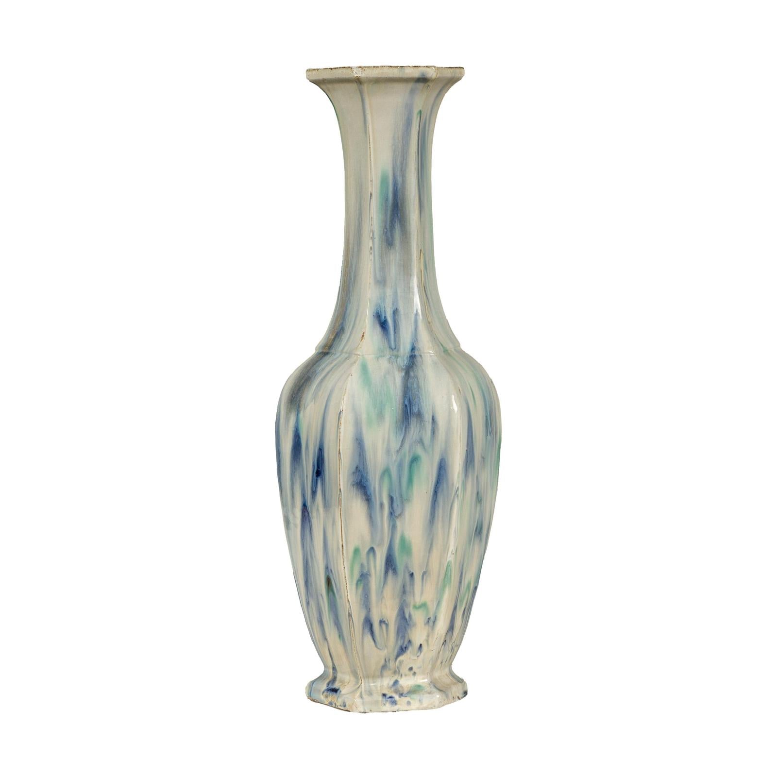 Multi-Color Vase with Blue and Green Drip Accent on Cream Ground