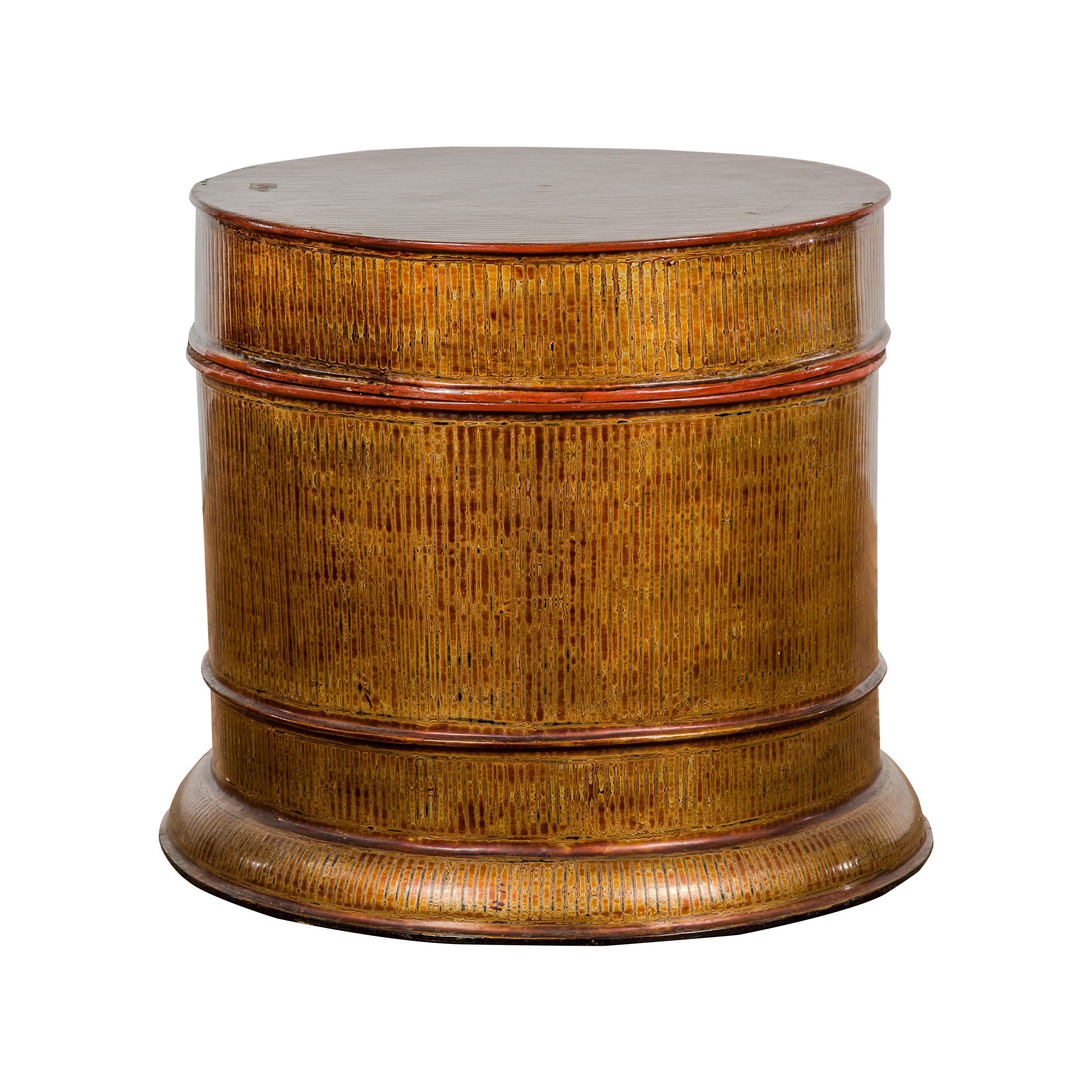 Burmese Vintage Negora Lacquer Circular Storage Bin with Vertical Stripes-33. Asian & Chinese Furniture, Art, Antiques, Vintage Home Décor for sale at FEA Home