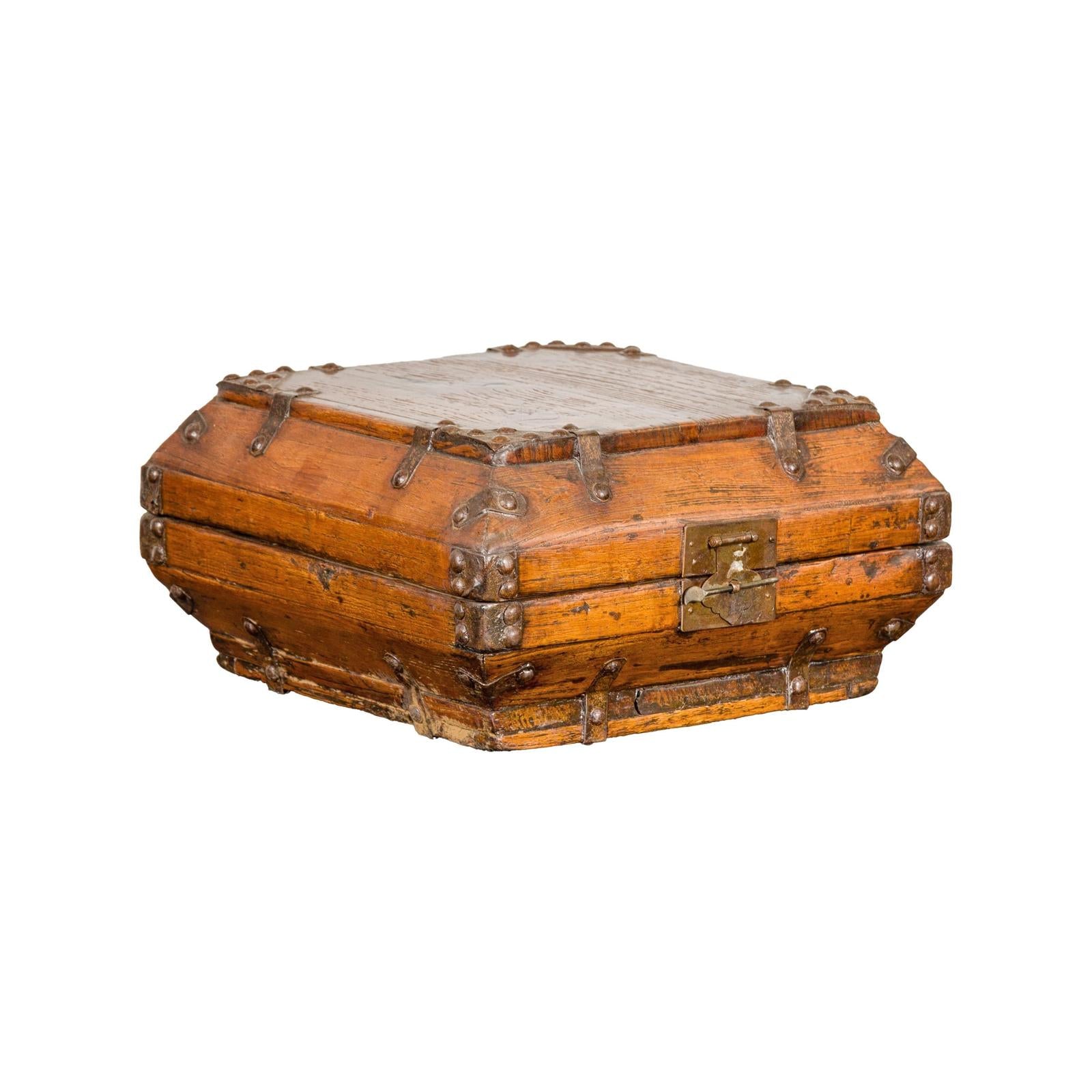 Wooden Square Box with Brass Lock and Distressed Lacquer Interior