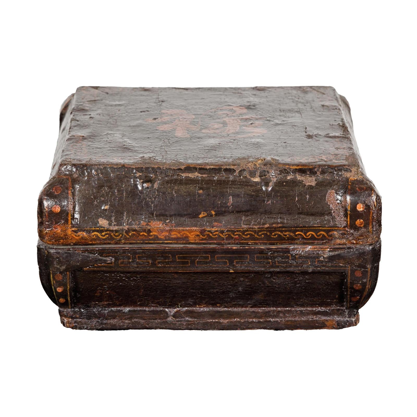 Old Chinese Lacquered Fabric over Wood Box with Calligraphy and Iron Braces