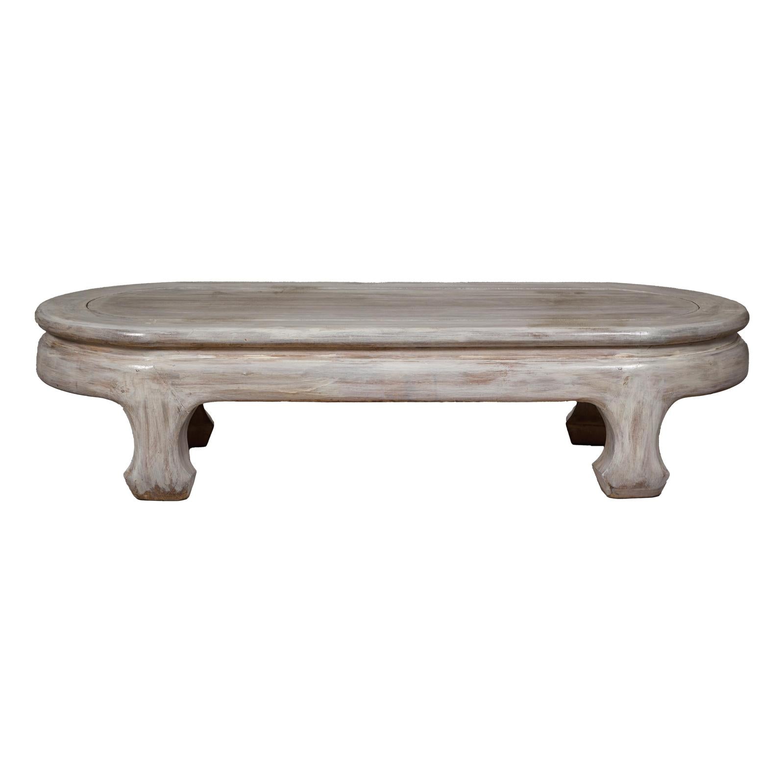 Teak Wood Vintage Whitewash Low Coffee table with Oval Top and Carved Legs